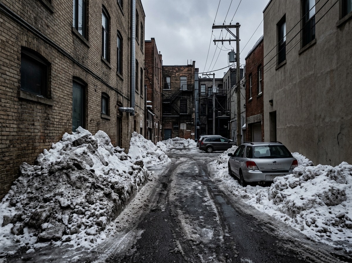 Tight downtown lot with snow piles crowding the drive aisle