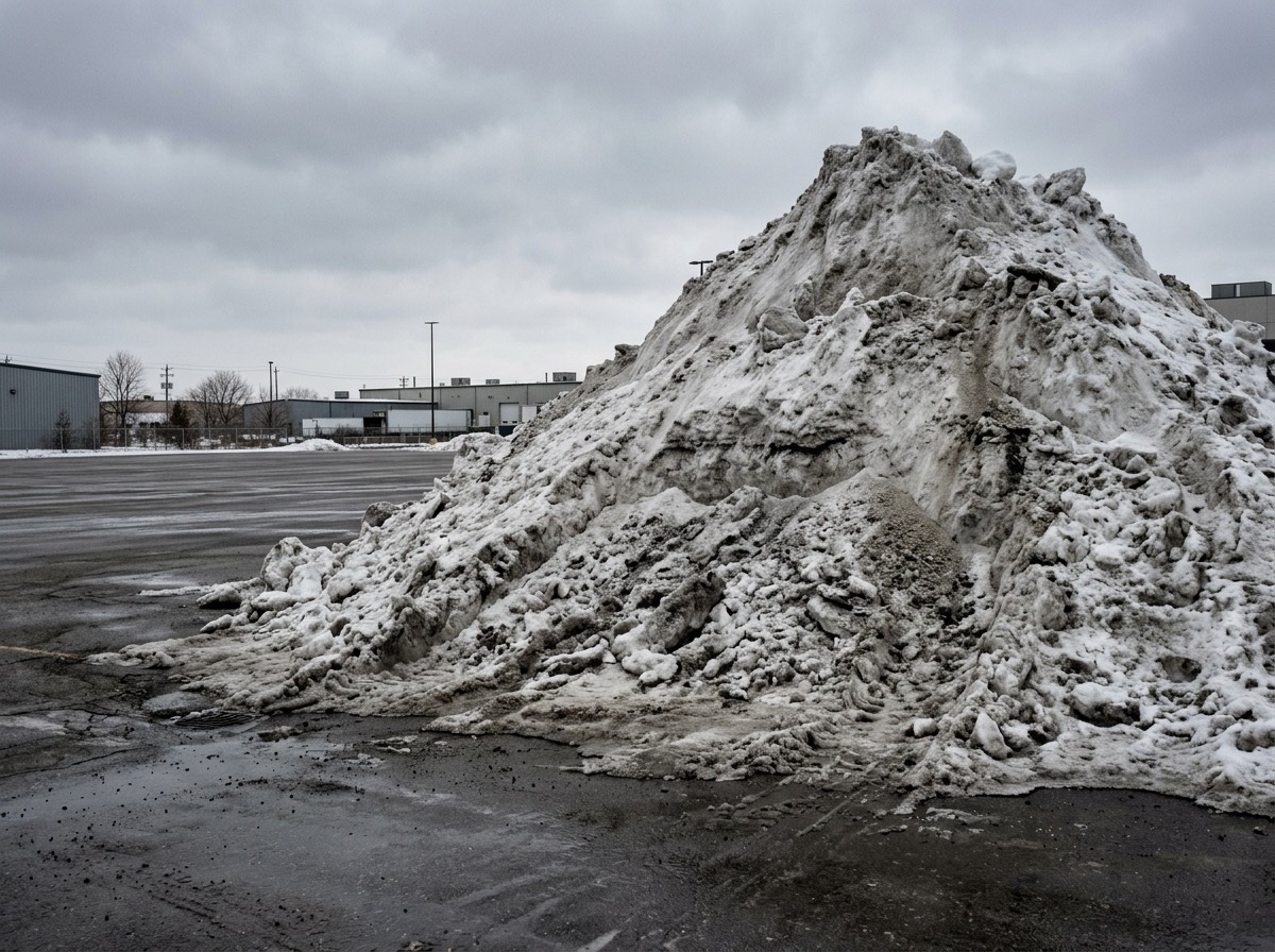 Very large dirty snow pile at the edge of a commercial lot