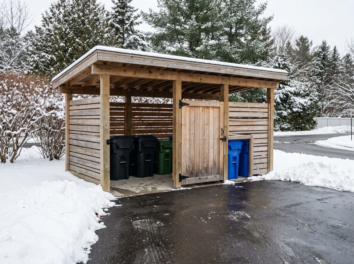 Waste and recycling enclosure with its approach cleared of snow