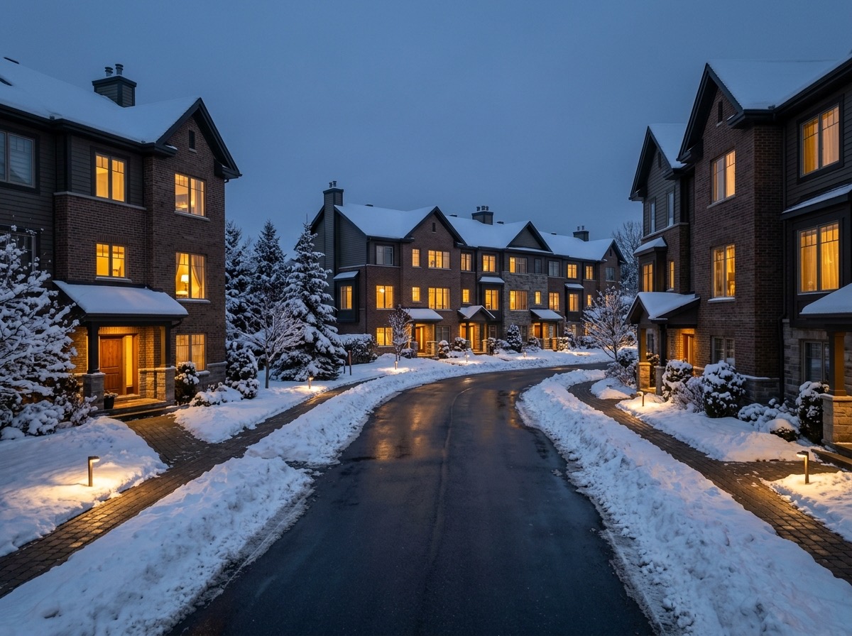 Condominium complex at dusk with cleared roadway and walkways