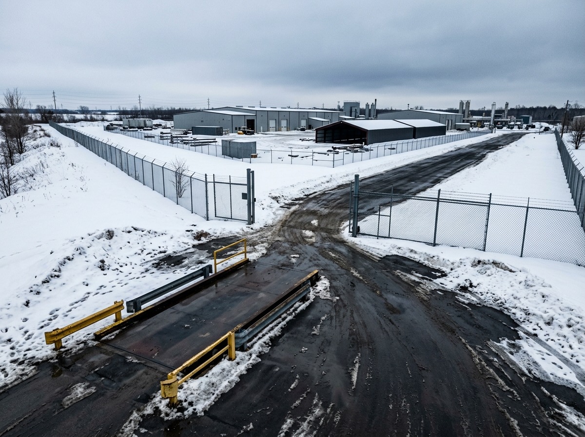 Cleared industrial gate and weighbridge approach in winter