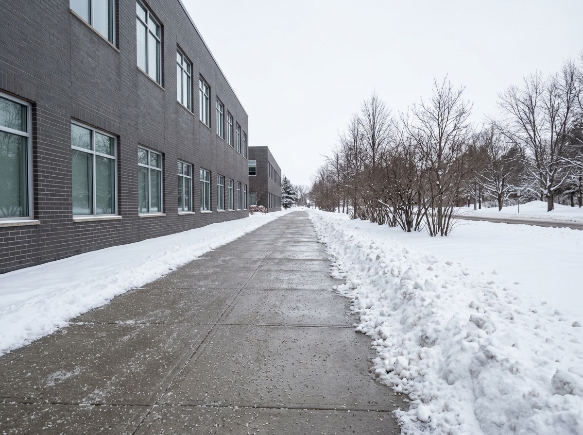 Long commercial sidewalk cleared and salted beside an office building