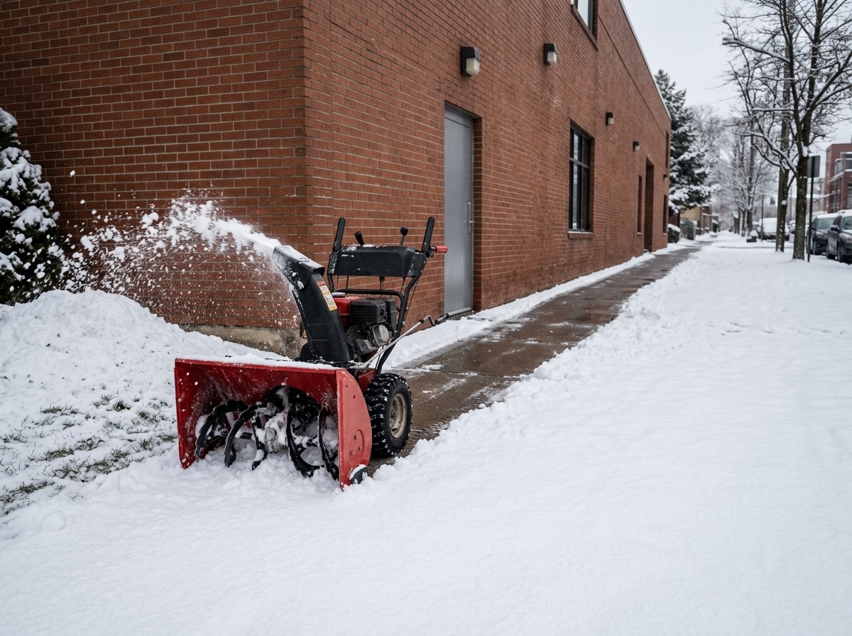 Compact machine clearing a commercial sidewalk