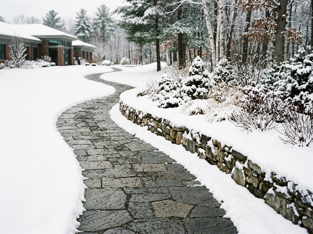 Cleared stone paver walkway through a snow covered landscape