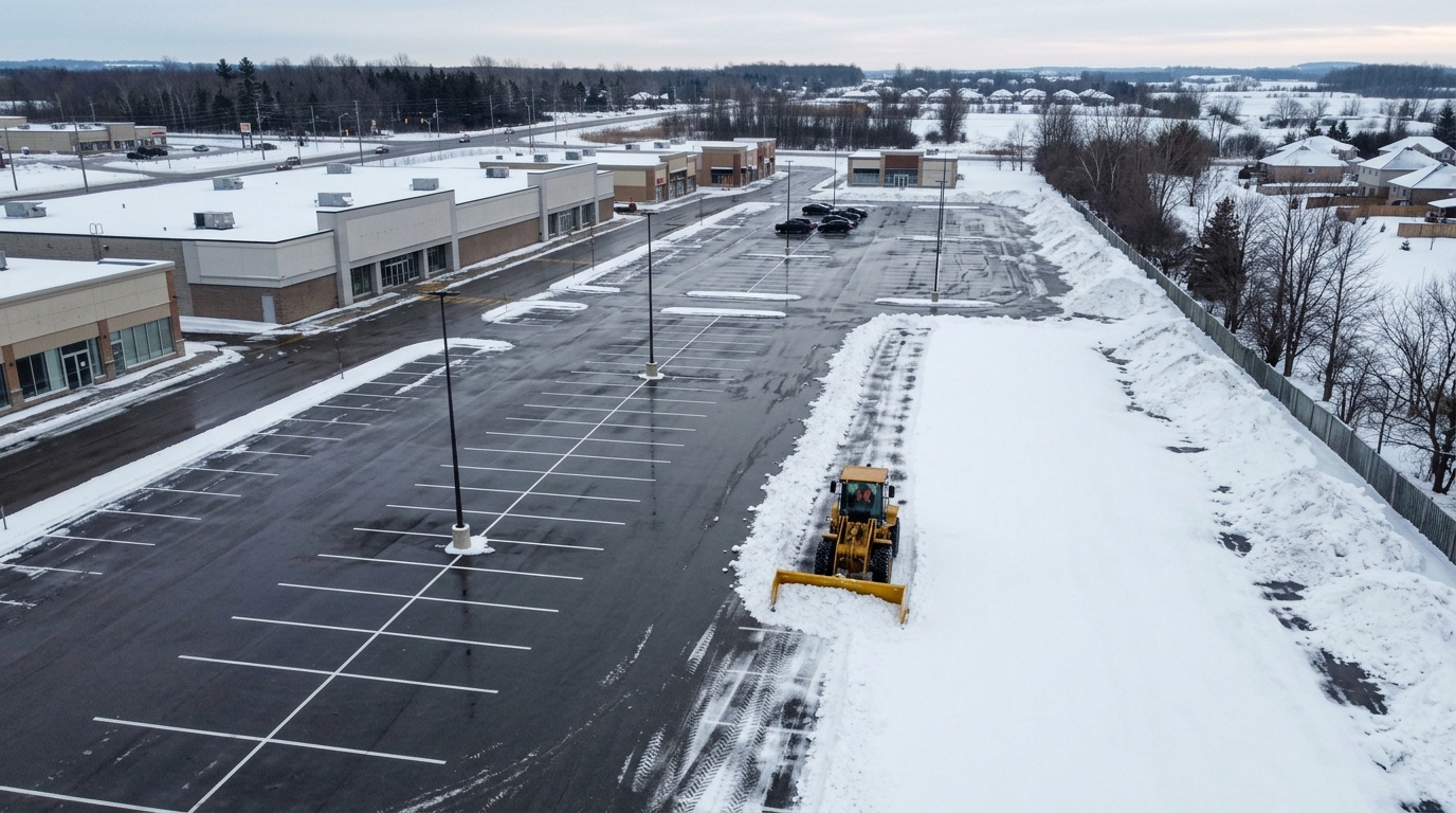Aerial view of a retail plaza parking lot half cleared of snow, with a wheel loader pushing snow toward the perimeter