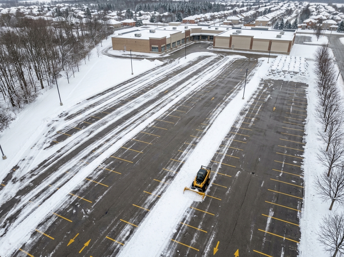 Aerial view of straight, systematic plow passes across a retail plaza parking lot