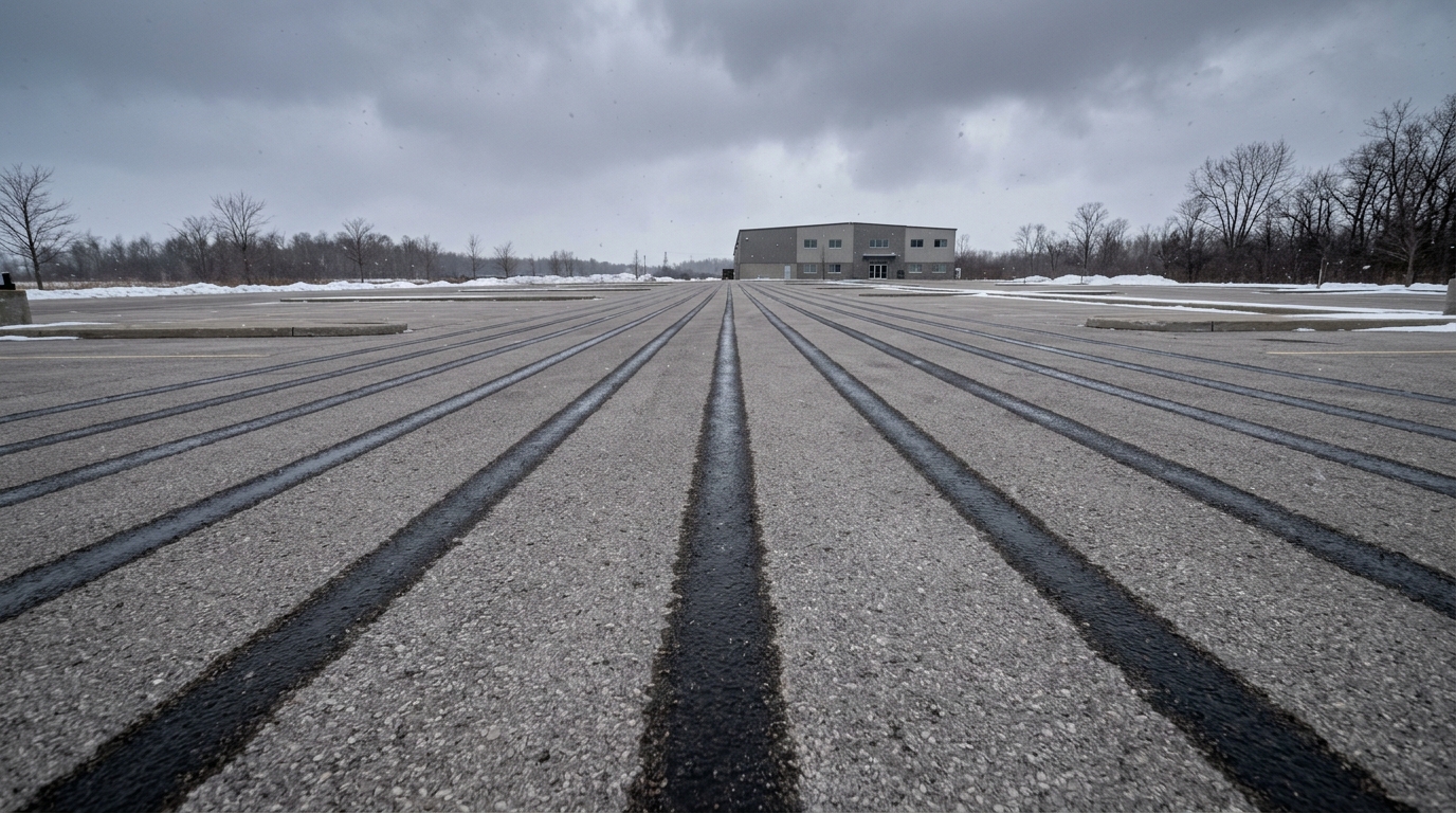 Liquid anti-icing brine lines applied to a parking lot before a snowstorm