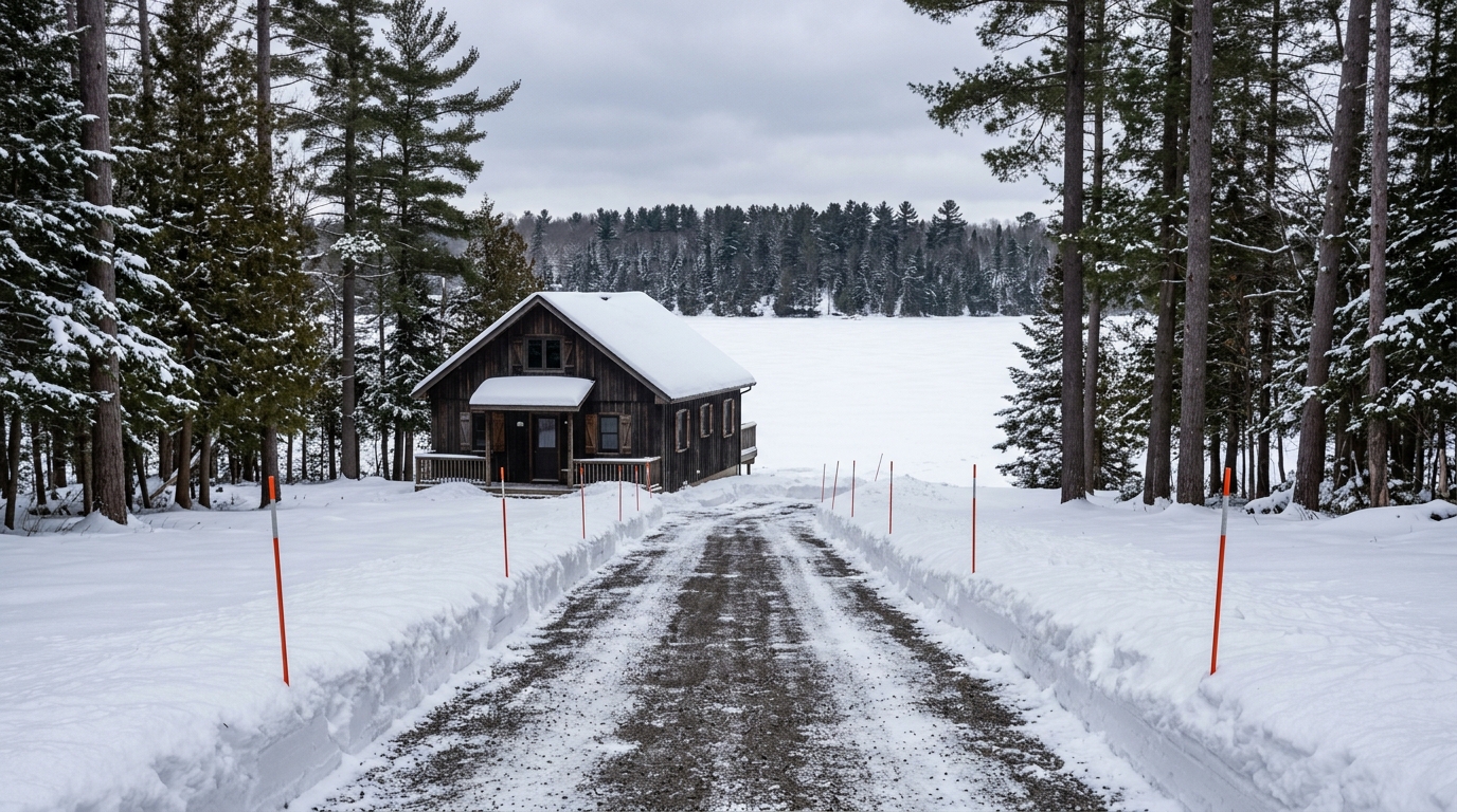Freshly plowed, staked access lane leading to a closed-up waterfront cottage in winter