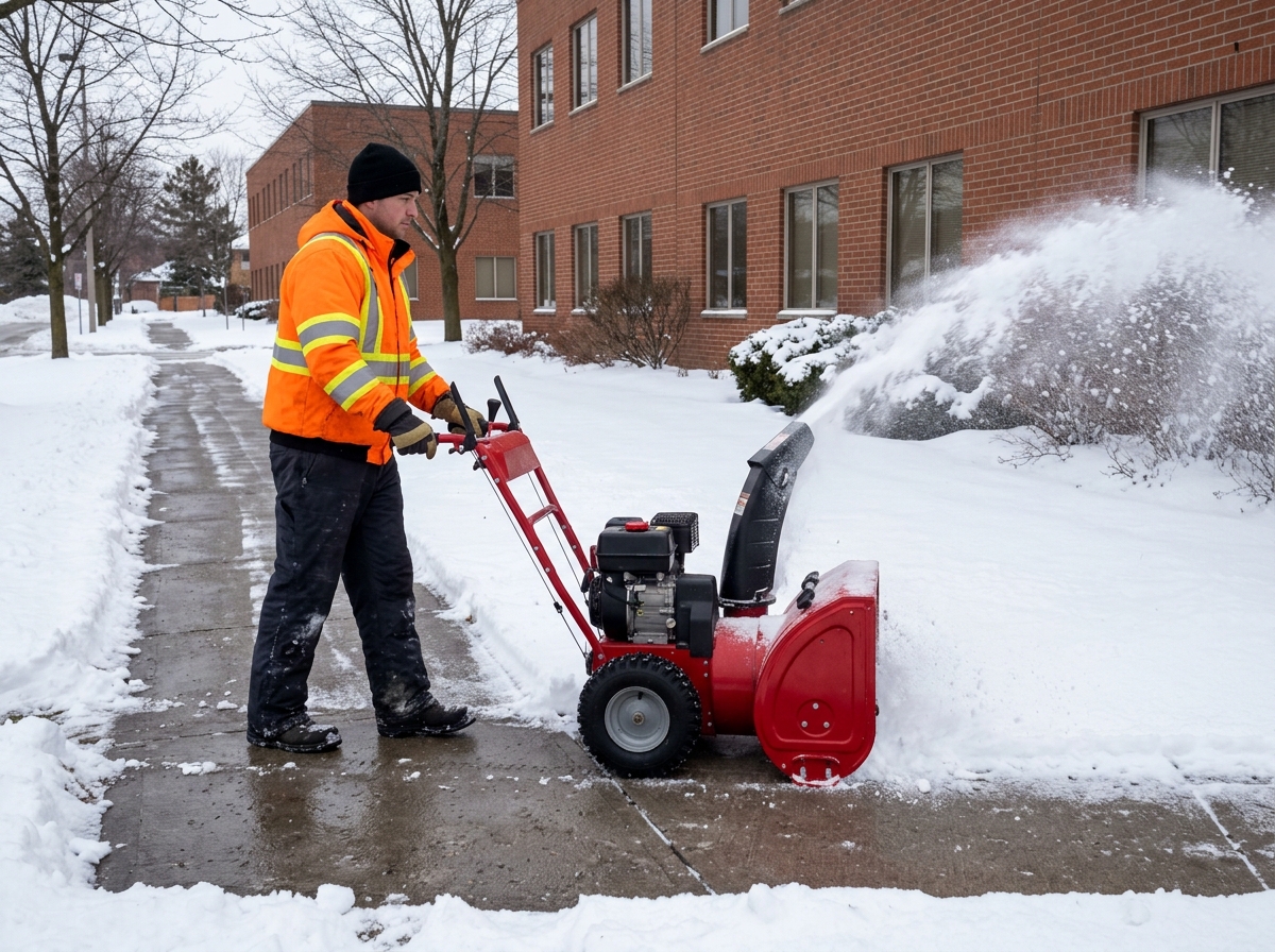 Worker clearing a commercial sidewalk with a walk-behind snowblower