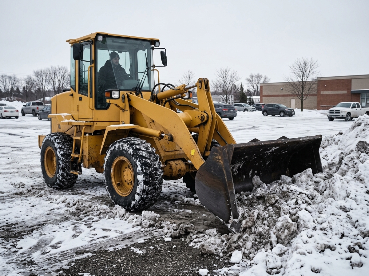 Wheel loader digging into a compacted snow pile at the edge of a commercial lot