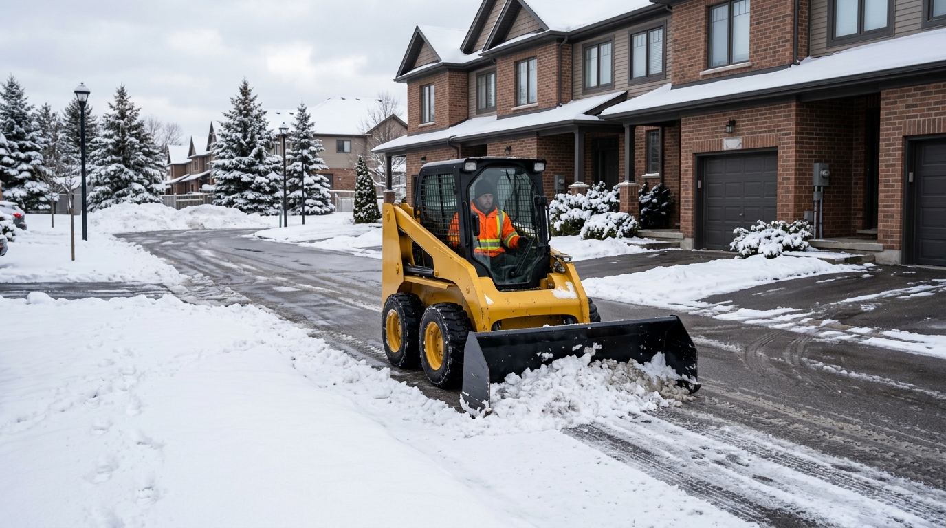 Skid steer with a snow pusher clearing the internal roadway of a townhome condominium complex
