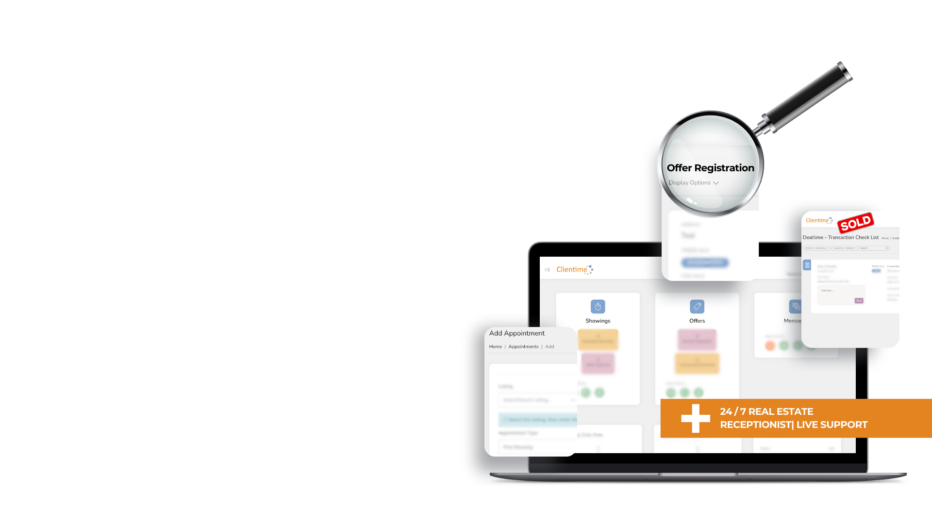 Laptop screen showing real estate management software with magnified sections for Offer Registration and transaction check marked Sold, plus a banner for 24/7 real estate receptionist live support.