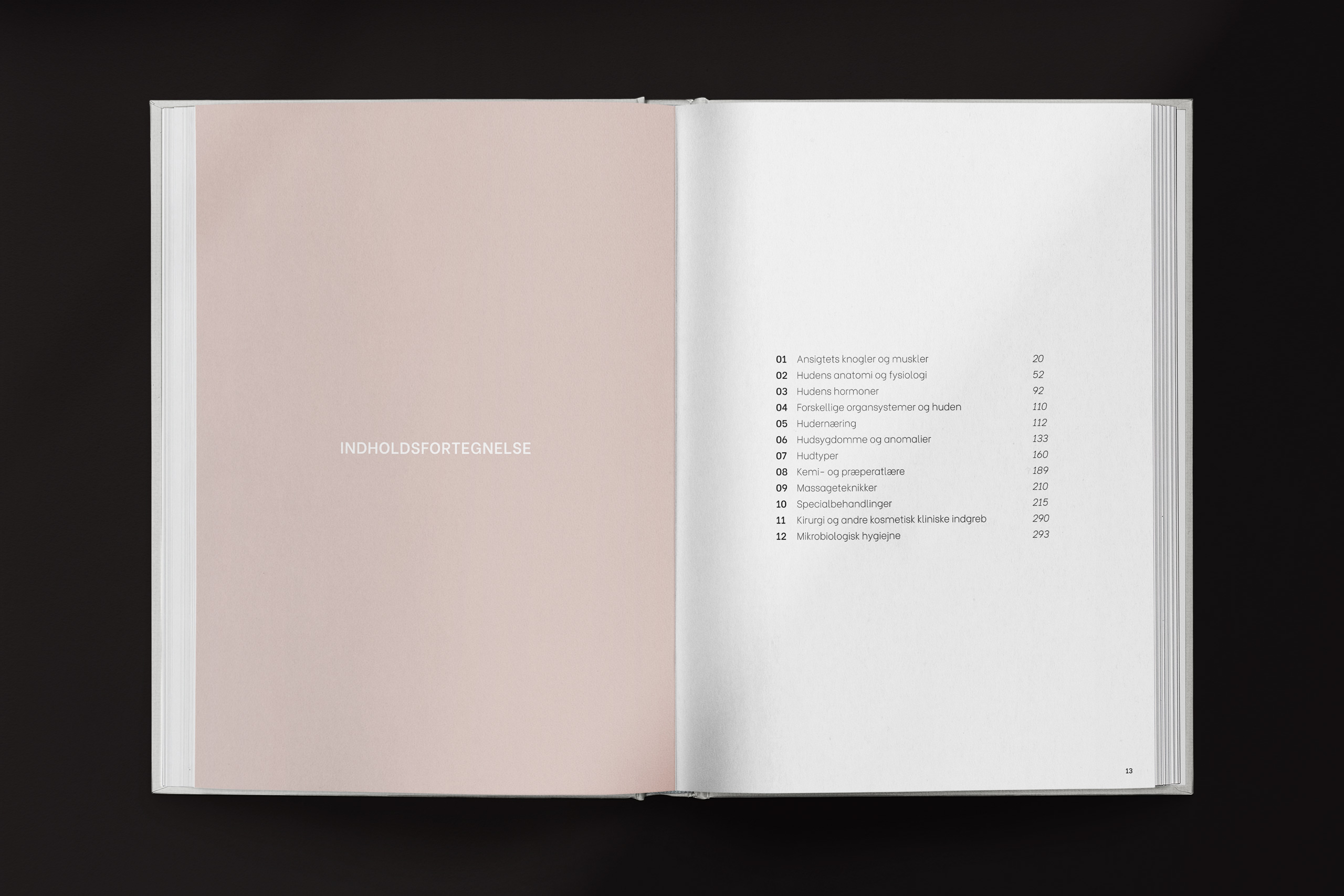 Two-page spread of a minimalist skincare book showing the table of contents in Danish. The left page is solid blush pink with the word “INDHOLDSFORTEGNELSE” (table of contents) centered in white. The right page lists 12 chapters in clean, modern sans-serif typography, covering topics such as facial bones and muscles, skin anatomy and hormones, skin diseases, treatment methods, cosmetic surgery, and microbiological hygiene.