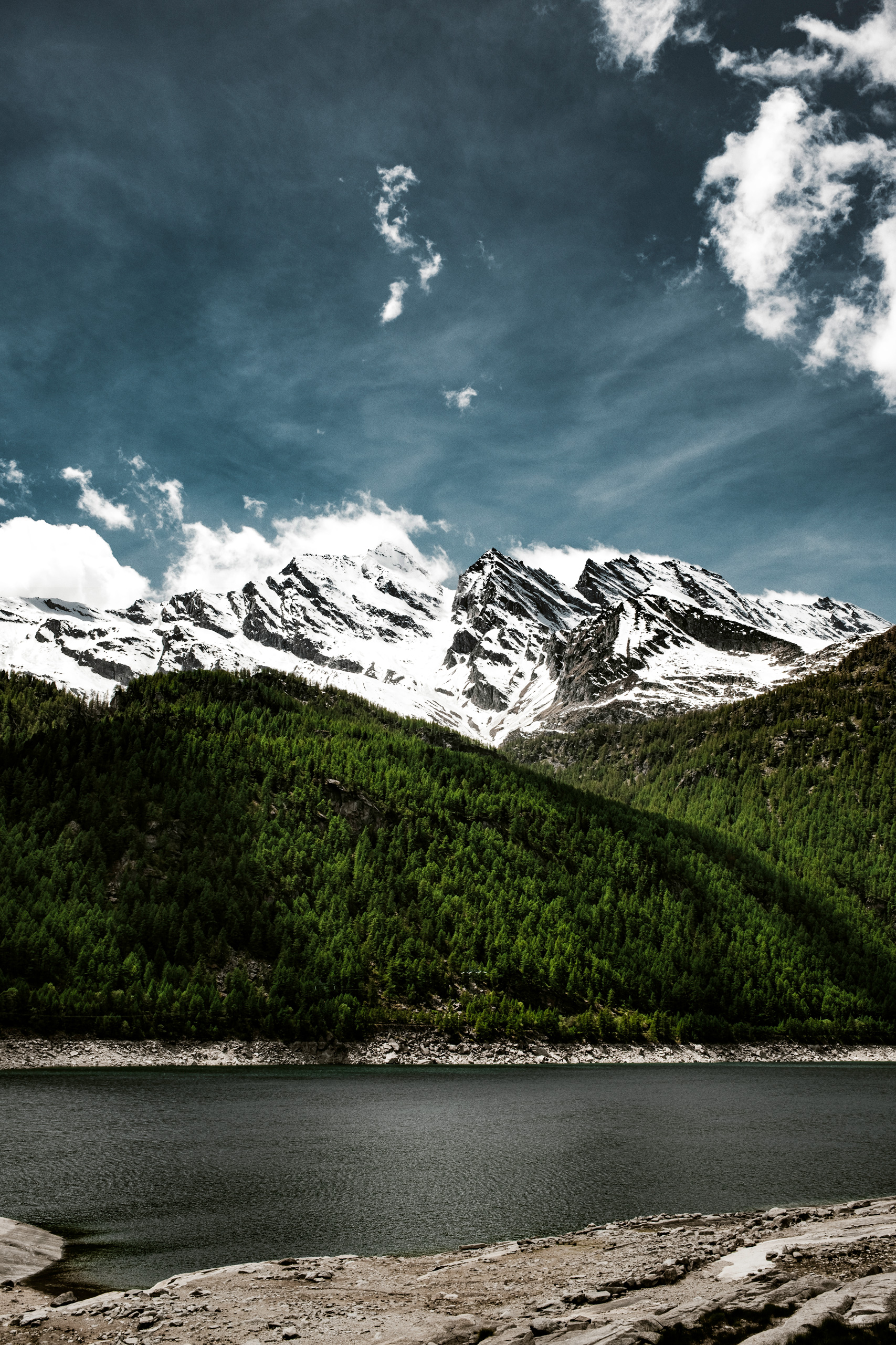 Scenic landscape of snow-capped alpine mountains under a partly cloudy sky, featuring a dense green pine forest cascading down the slopes and a tranquil, dark blue mountain lake in the foreground. Rocky shoreline edges the water, while jagged peaks dominate the background with dramatic contrast against the sky.