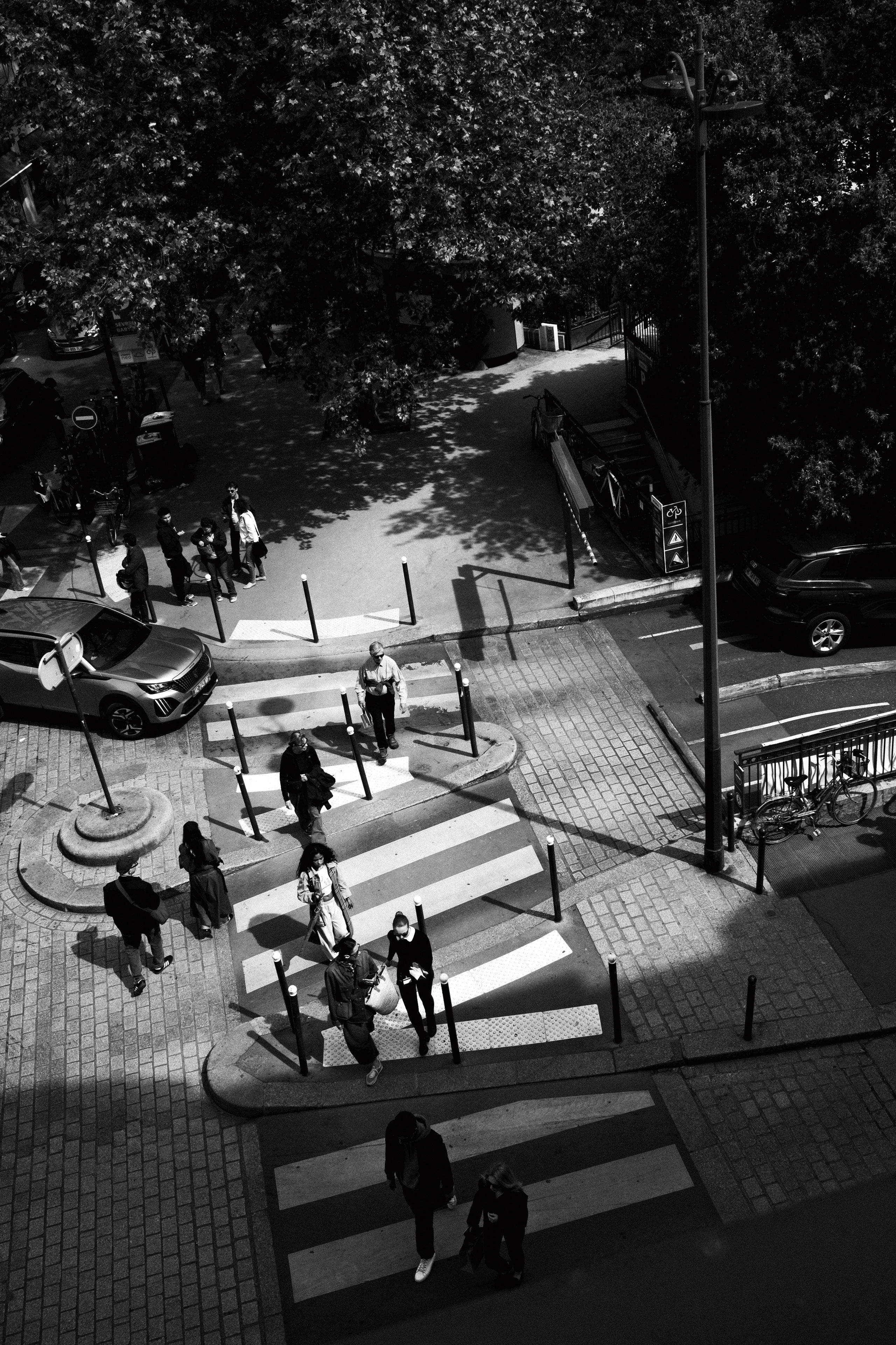 Black and white aerial street photo capturing a bustling urban crosswalk with multiple pedestrians walking across zebra-striped paths in varying directions. The scene is intersected by bollards, curbs, a parked bicycle, and cars along a narrow city road. Shadows from trees and street lamps stretch across the pavement, creating a textured interplay of light and dark.
