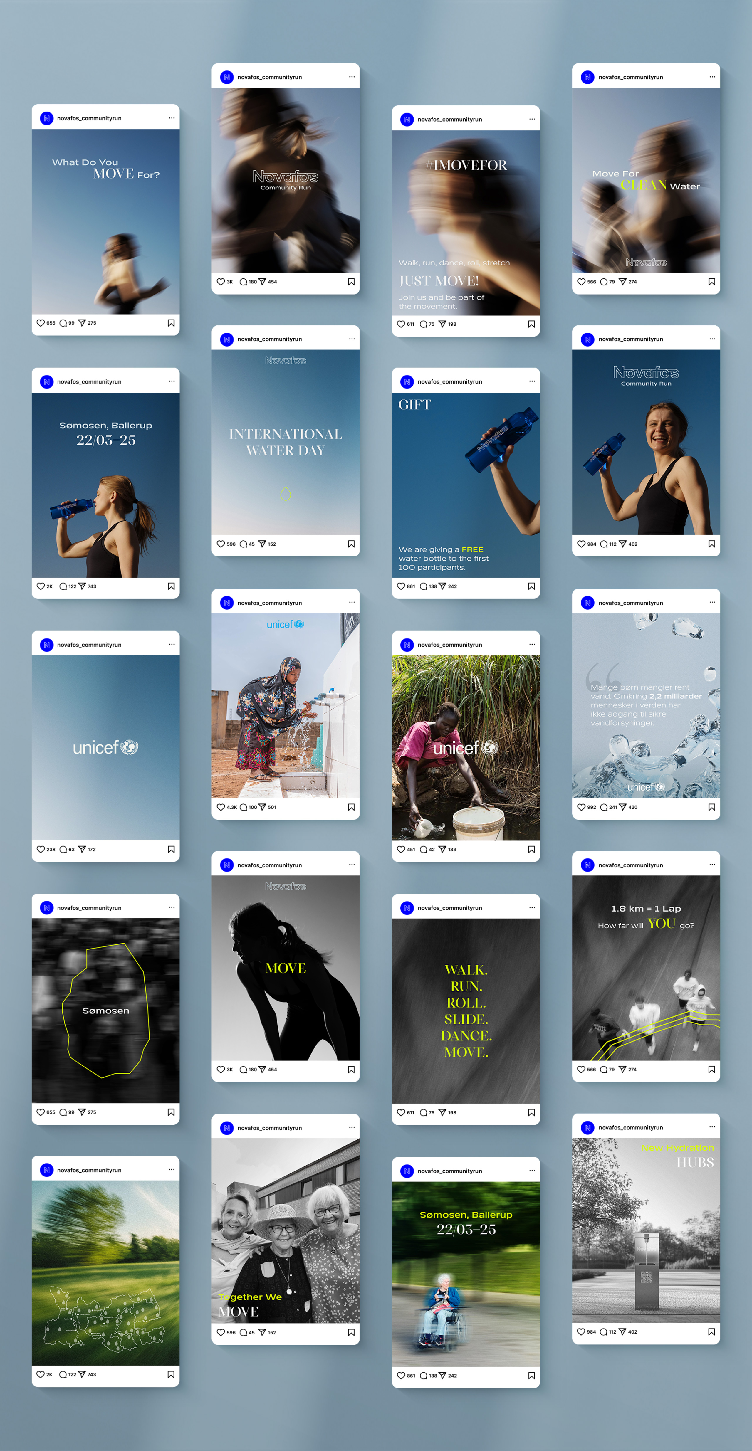 A collage of 20 Instagram-style posts from the “novafos_communityrun” account, promoting the Novafos Community Run with themes of movement, clean water access, and community health. The visuals include runners in motion blur, people drinking water, UNICEF water initiatives, event details for Somosen, Ballerup (22/03/25), and motivational phrases like “What Do You MOVE For?”, “#MOVEFOR”, “Together We MOVE”, and “WALK. RUN. ROLL. SLIDE. DANCE. MOVE.” Color schemes blend blue skies, grayscale motion, and vivid contrast elements.