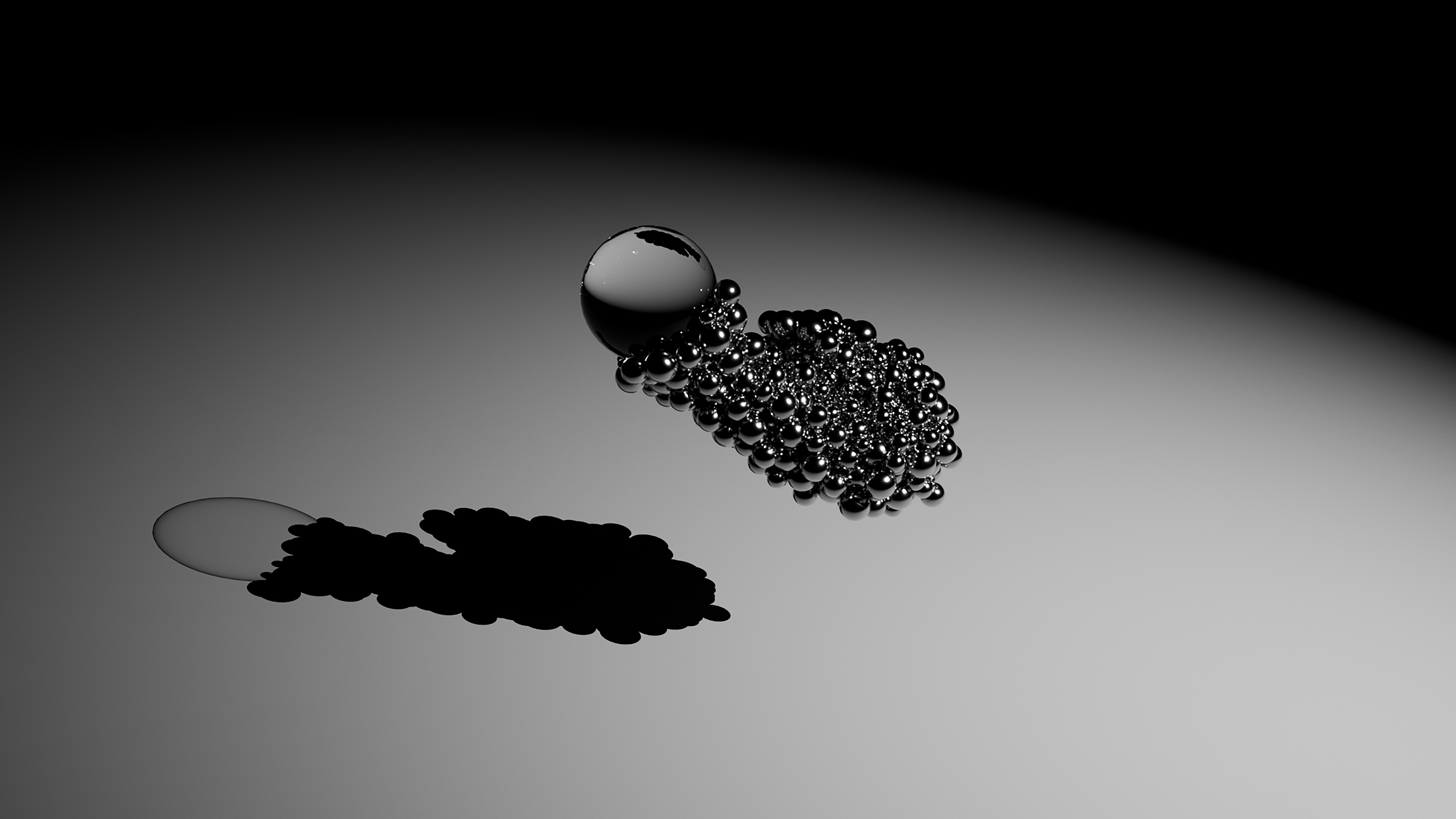 Minimalist black-and-white digital artwork featuring a cluster of reflective metallic spheres on a smooth gradient surface. A larger glossy sphere leads the arrangement, casting a dark elongated shadow to the left. The smaller spheres appear to merge organically, creating a fluid, abstract form with high contrast lighting and a sleek futuristic aesthetic.