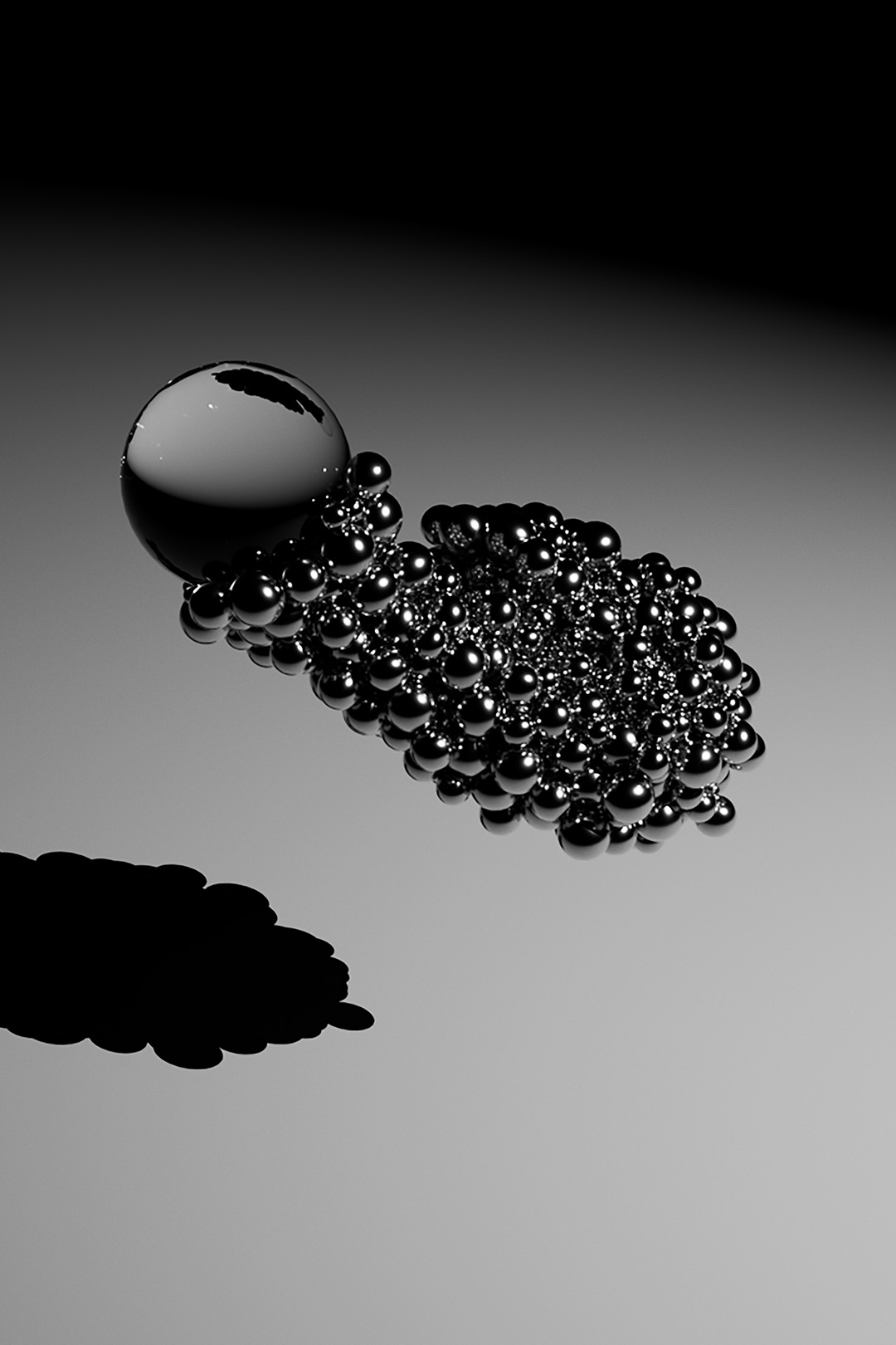 Minimalist black-and-white digital artwork featuring a cluster of reflective metallic spheres on a smooth gradient surface. A larger glossy sphere leads the arrangement, casting a dark elongated shadow to the left. The smaller spheres appear to merge organically, creating a fluid, abstract form with high contrast lighting and a sleek futuristic aesthetic.