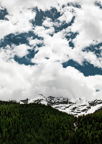 Snow-capped mountains of Gran Paradiso in Italy with dense alpine forests and dramatic clouds above.