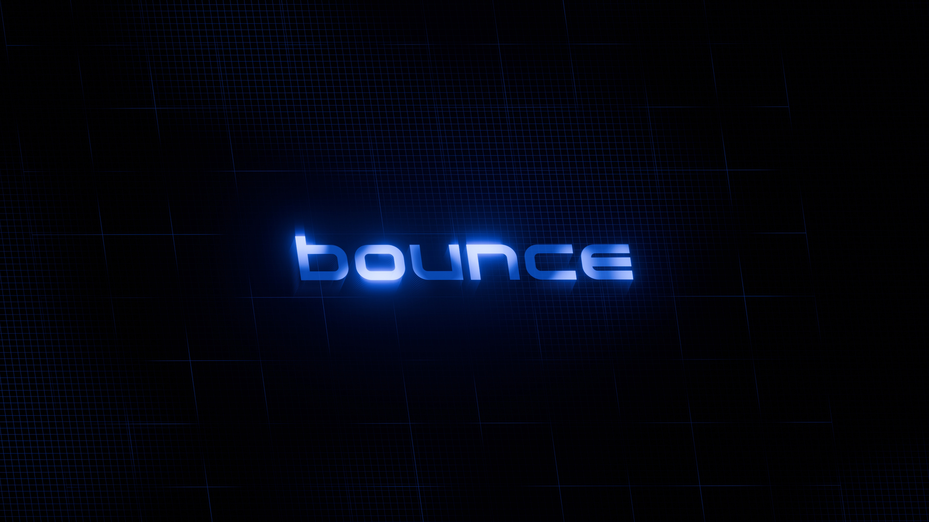 Futuristic typography design of the word ‘bounce’ in glowing blue letters on a dark grid background.