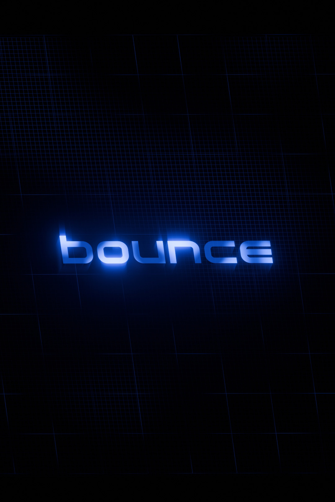 Futuristic typography design of the word ‘bounce’ in glowing blue letters on a dark grid background.