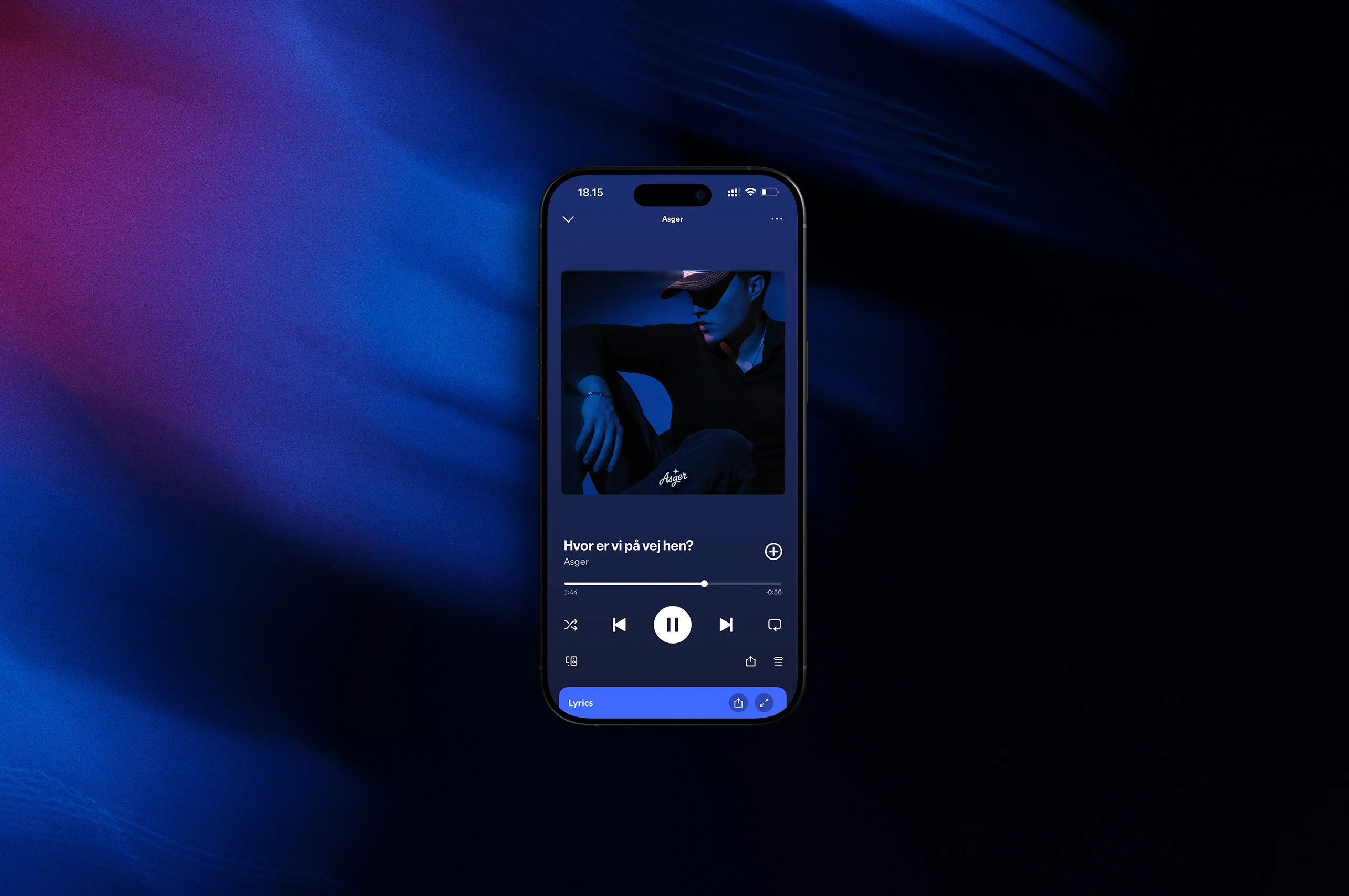 A smartphone mockup displaying Asger's track on a music app, featuring photography by Patrick Pankalla.