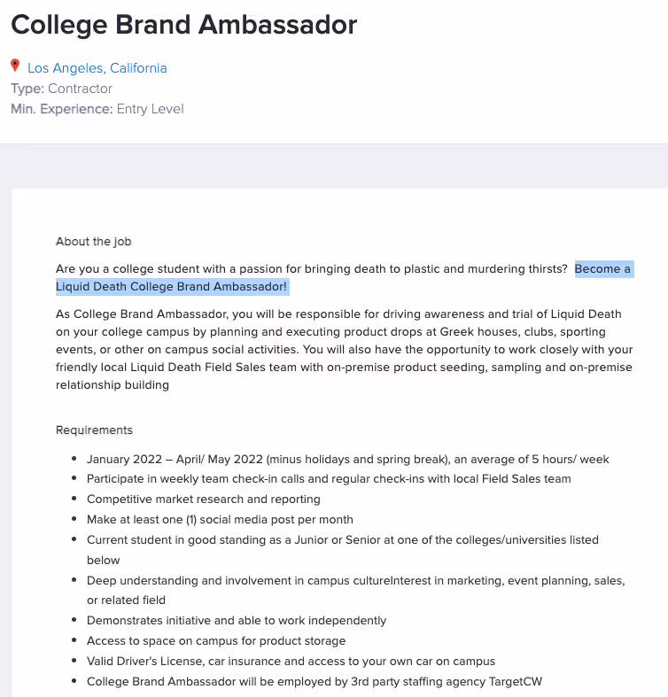 Liquid Death ambassador application