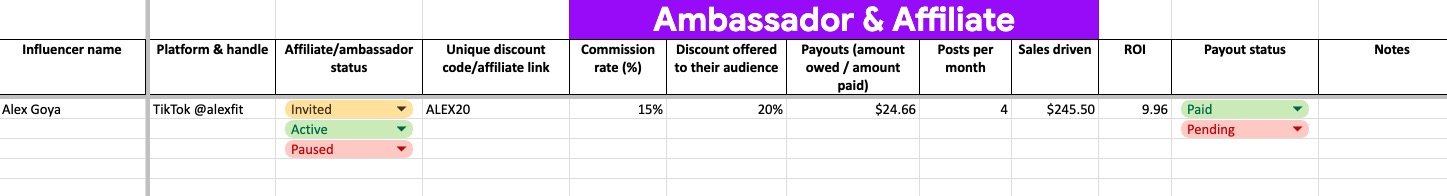 influencer marketing ambassador and affiliate tracker sheet