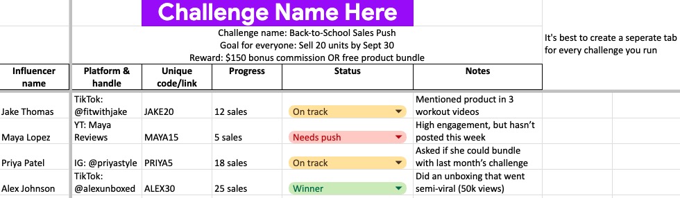 influencer marketing challenges tracker sheet