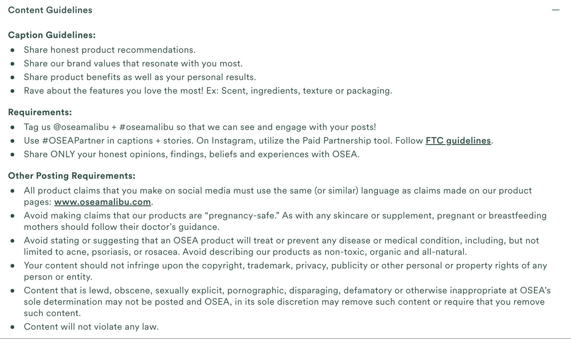 OSEA influencer content guidelines