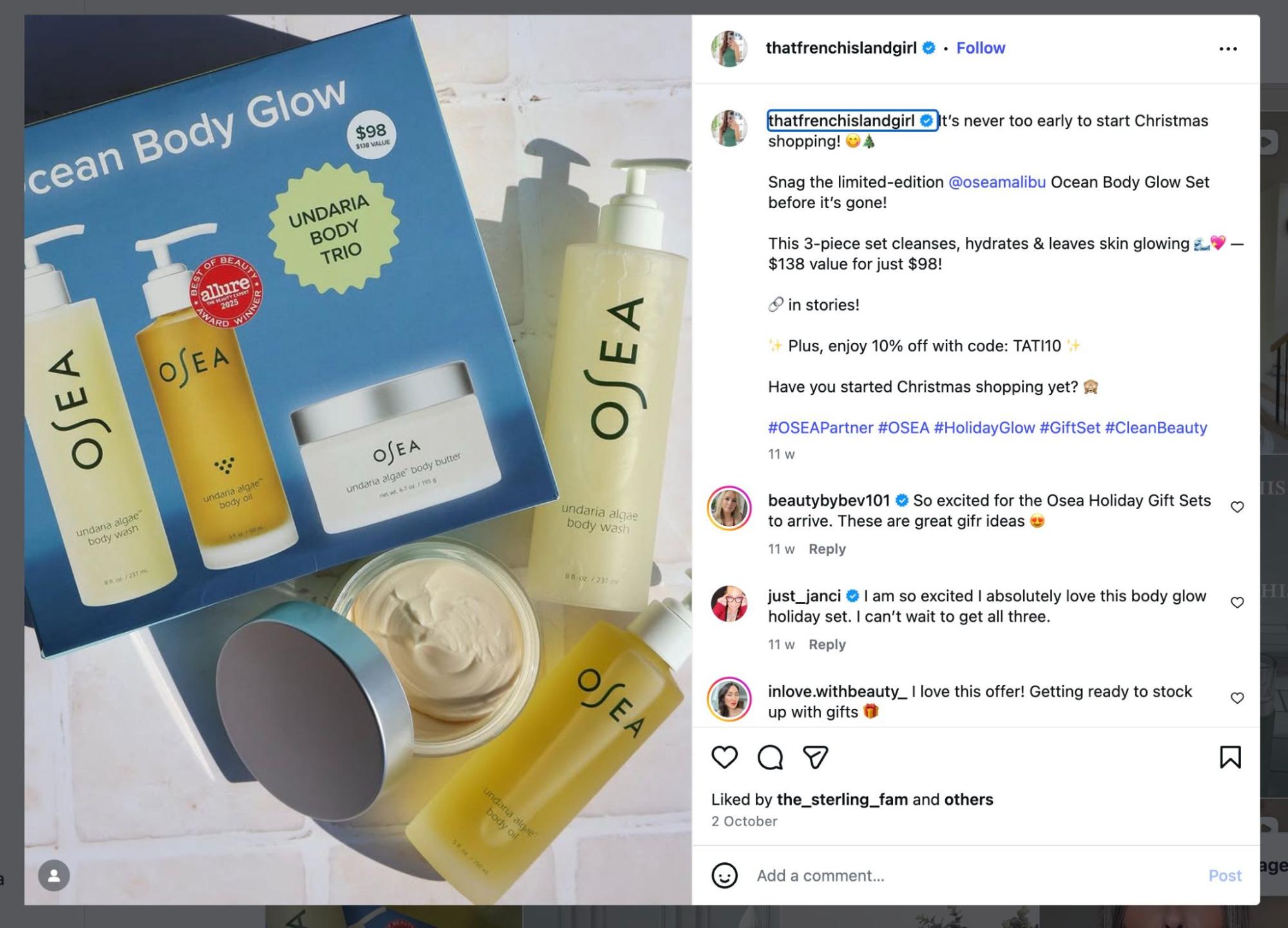 OSEA influencer content promoting gift set