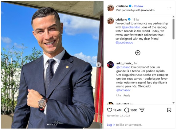 Cristiano Ronaldo brand partnership Jacobandco