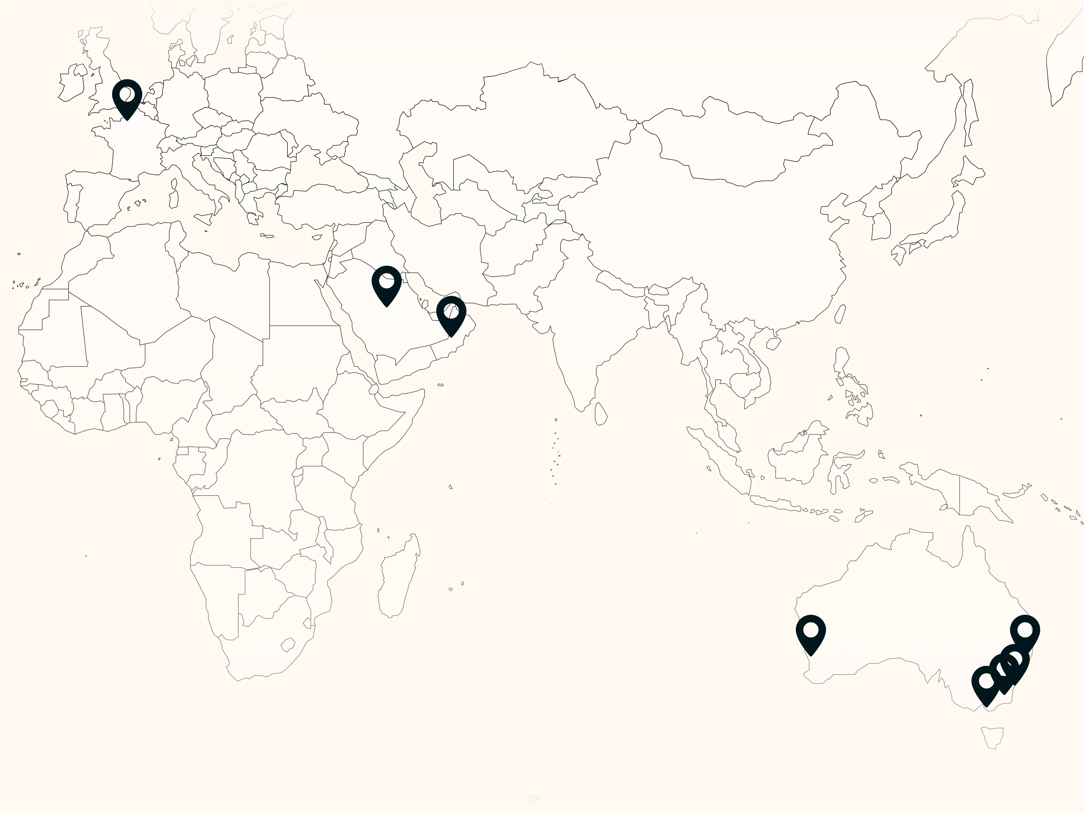 World map outline with pins of ASL and Acoustic Logic's locations