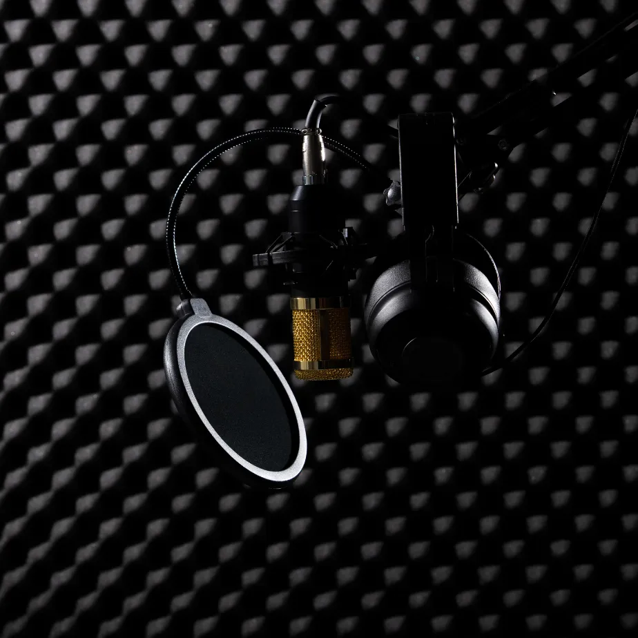 Gold microphone with filter headphone ear mug hanging over sound absorbing room