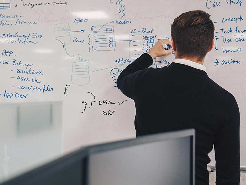 Designer drawing on the whiteboard inside the MGM RESORTS digital ventures office