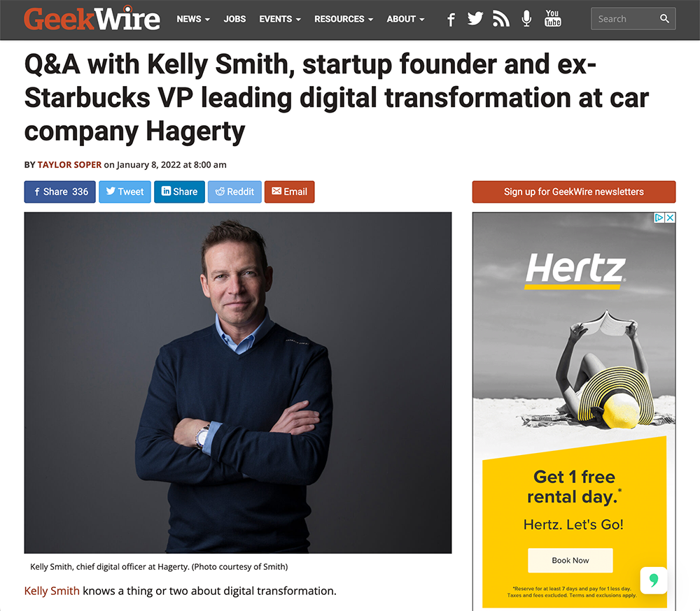Geekwire Q&A with Kelly Smith, startup founder and ex-Starbucks VP leading digital transformation at car company Hagerty.
