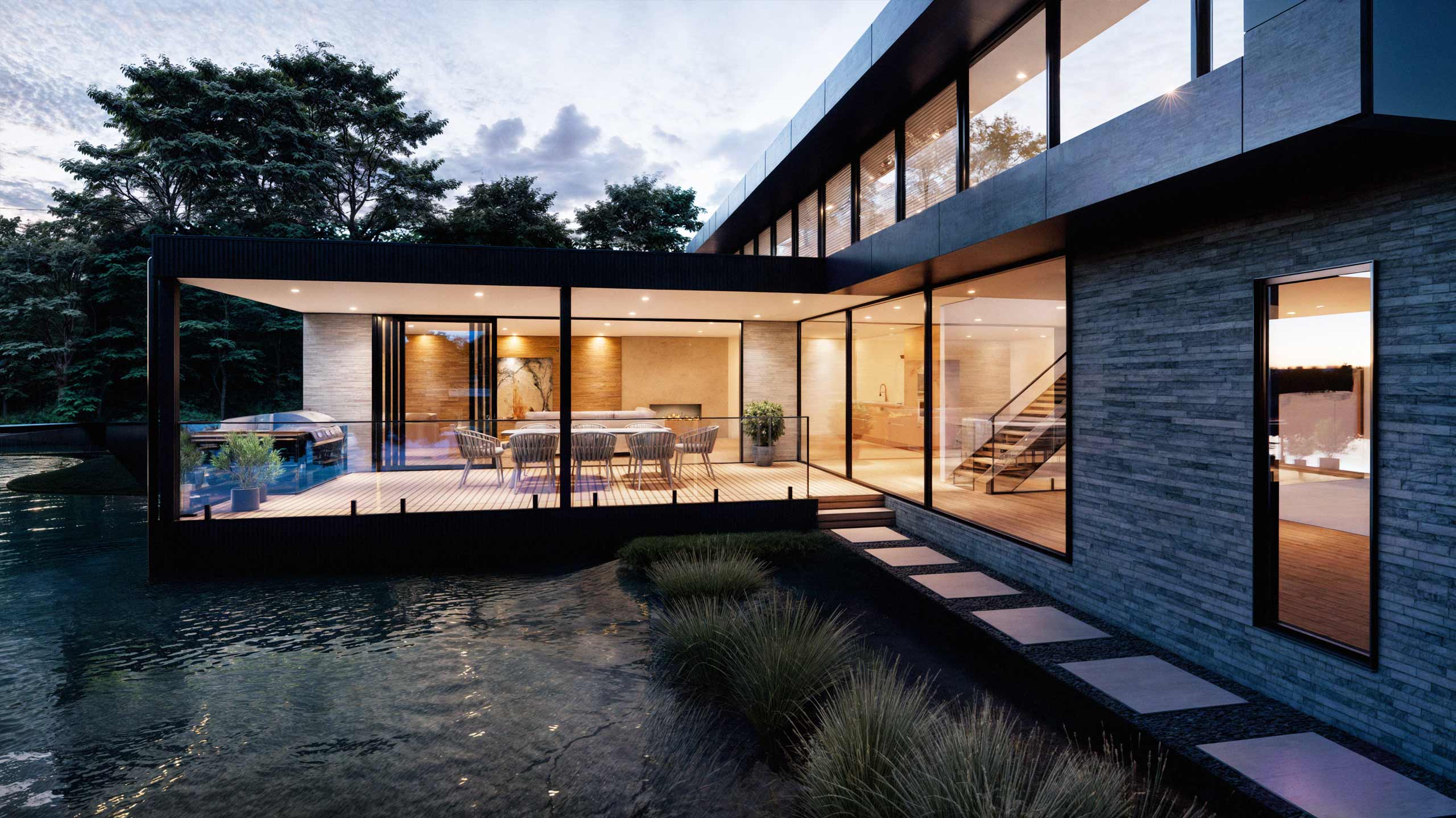 A 3D architectural rendering of a modern lakeside residence with expansive glass windows and a minimalist design. The two-story building features clean, sharp lines, a flat roof, and a mix of stone and wood materials on the exterior. The home is set in a natural environment with a lake in the foreground, surrounded by lush greenery. A clear, reflective body of water enhances the serene and peaceful ambiance, highlighting the house's integration with its surroundings.