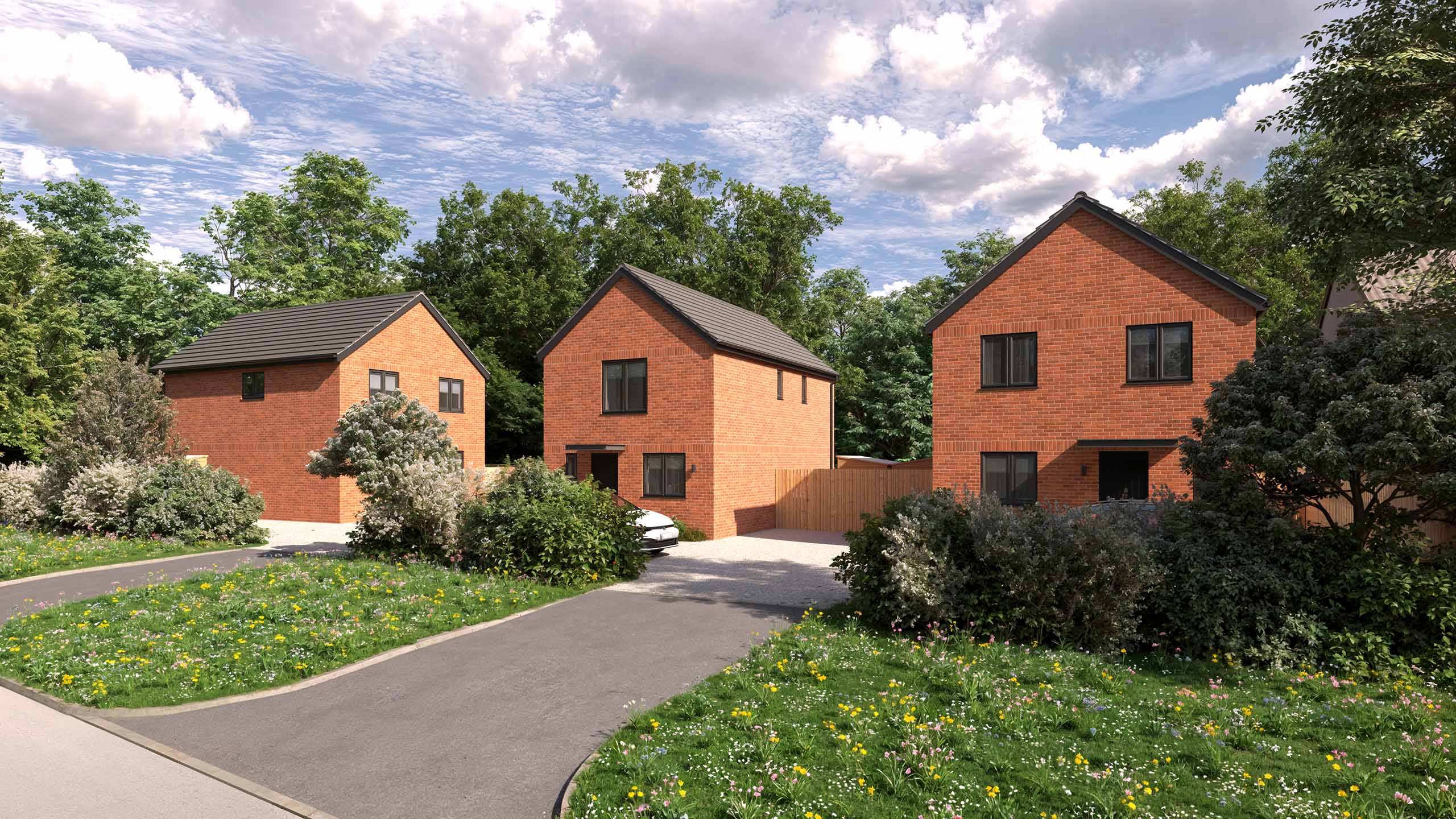 Photorealistic CGI of an urban street scene showing homes with planted greenery.