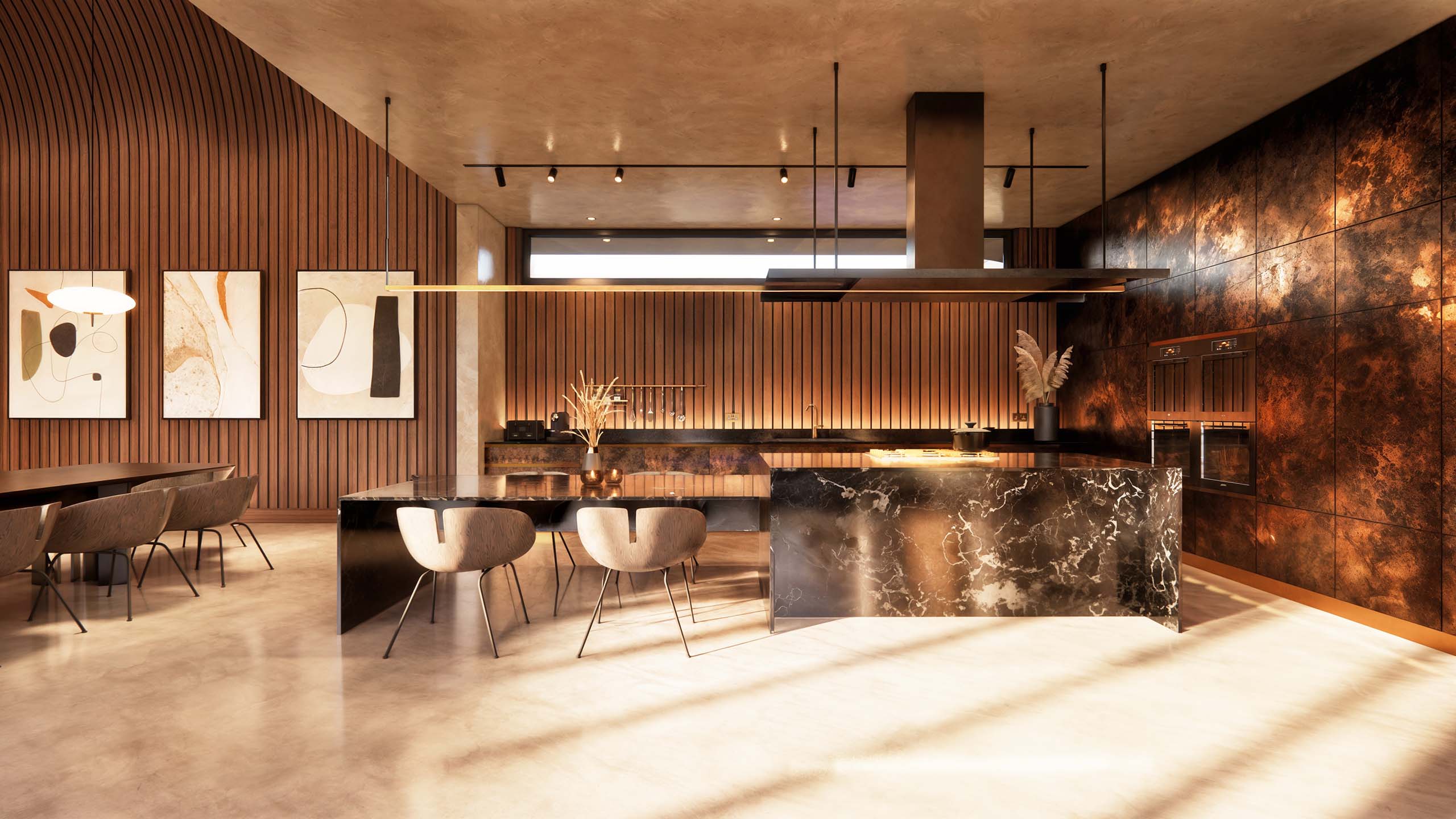 A photorealistic CGI of a modern kitchen interior featuring a large central island with white worktop, sleek matte-finish cabinetry, integrated appliances, warm wood flooring, and soft natural light filtering through the space.