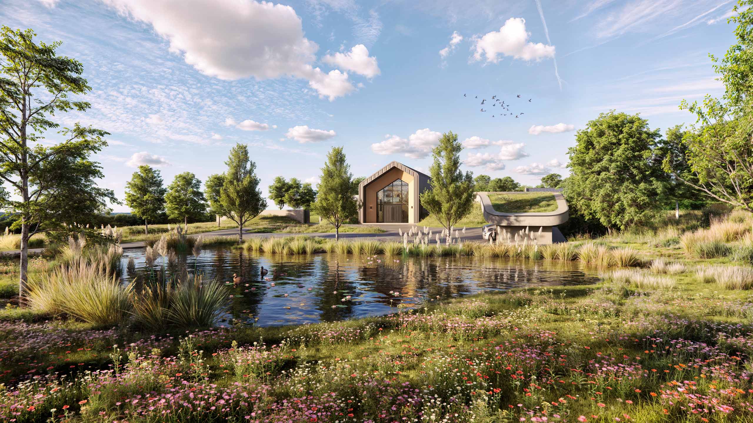 A photorealistic external CGI showing a contemporary dwelling set within a lush wildflower meadow, the meadow grasses and blooms gently sweeping around the structure and creating a naturalised, meadow-like landscape.