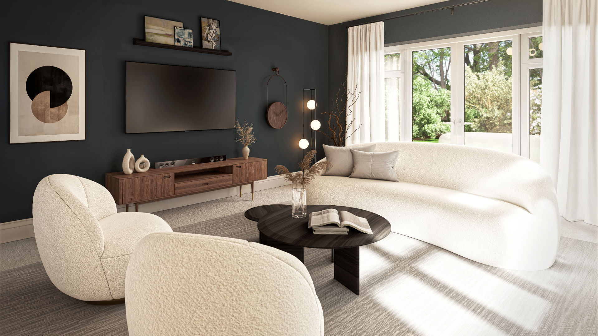 Photorealistic interior CGI render of a contemporary open-plan living space, featuring neutral tones, modern furnishings, soft natural lighting, and refined material textures for architectural visualisation and marketing