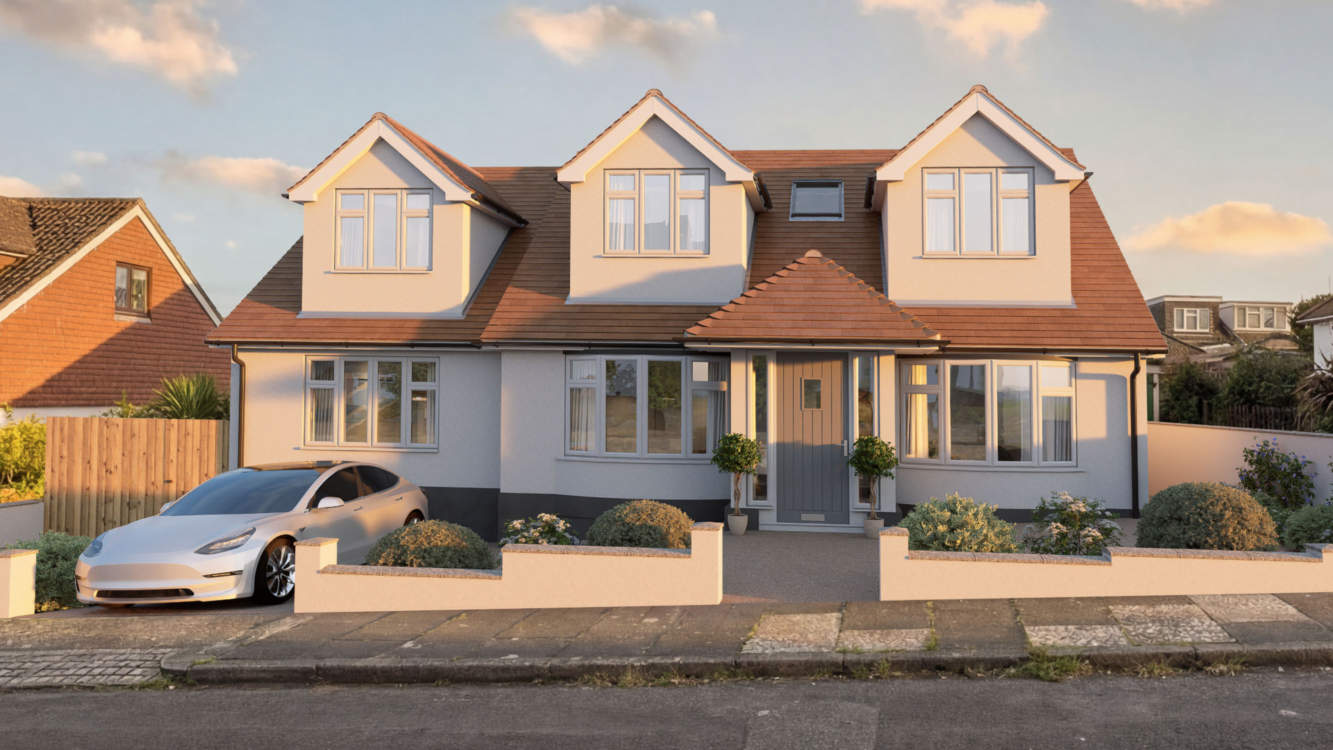 Photorealistic architectural visualisation of a contemporary residential development, featuring modern building façades, landscaped surroundings, and realistic daylight, created to showcase design intent and support property marketing and off-plan sales
