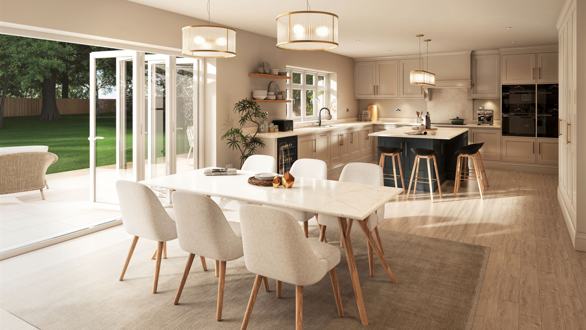 Photorealistic interior CGI render of a contemporary living space, featuring modern furniture, natural lighting, and detailed textures for architectural visualisation and property marketing