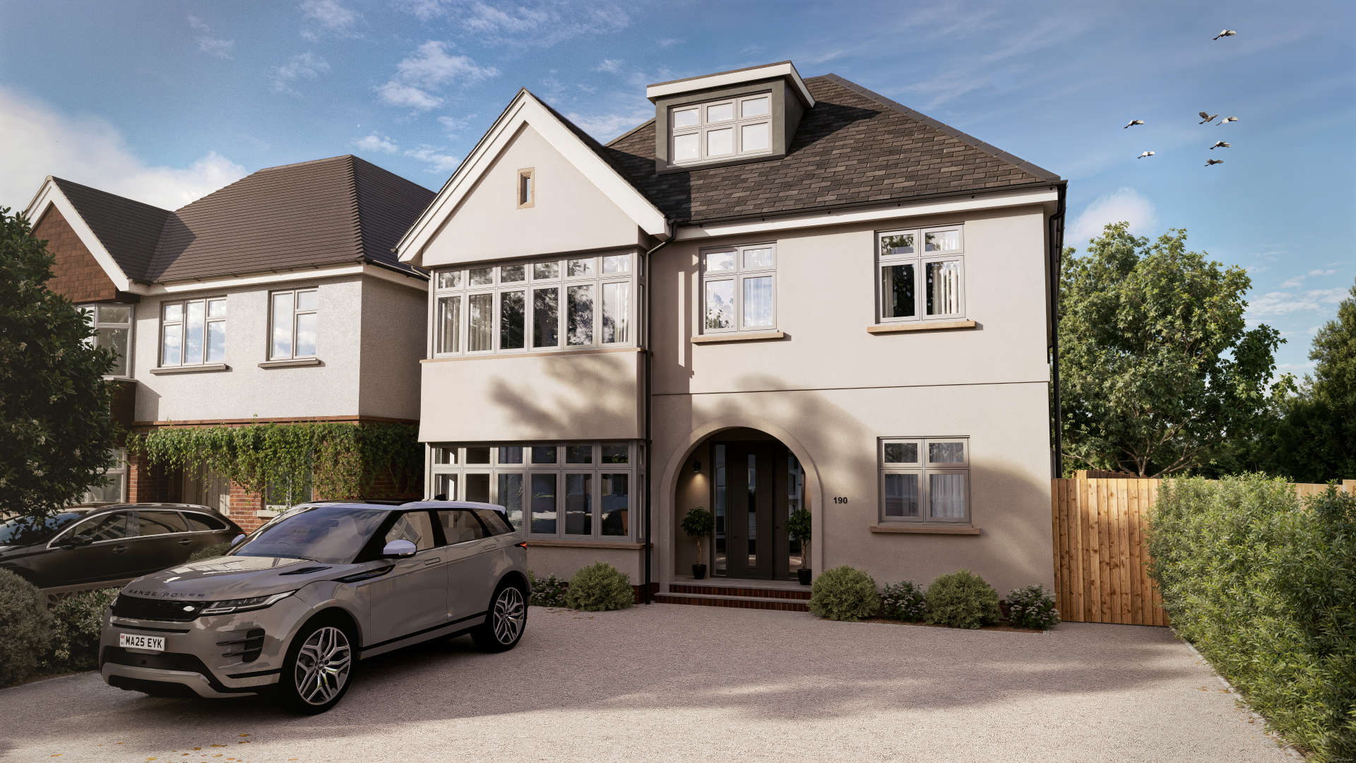 3D architectural visualisation of a contemporary detached house with a modern front extension, landscaped driveway, and parked SUV.