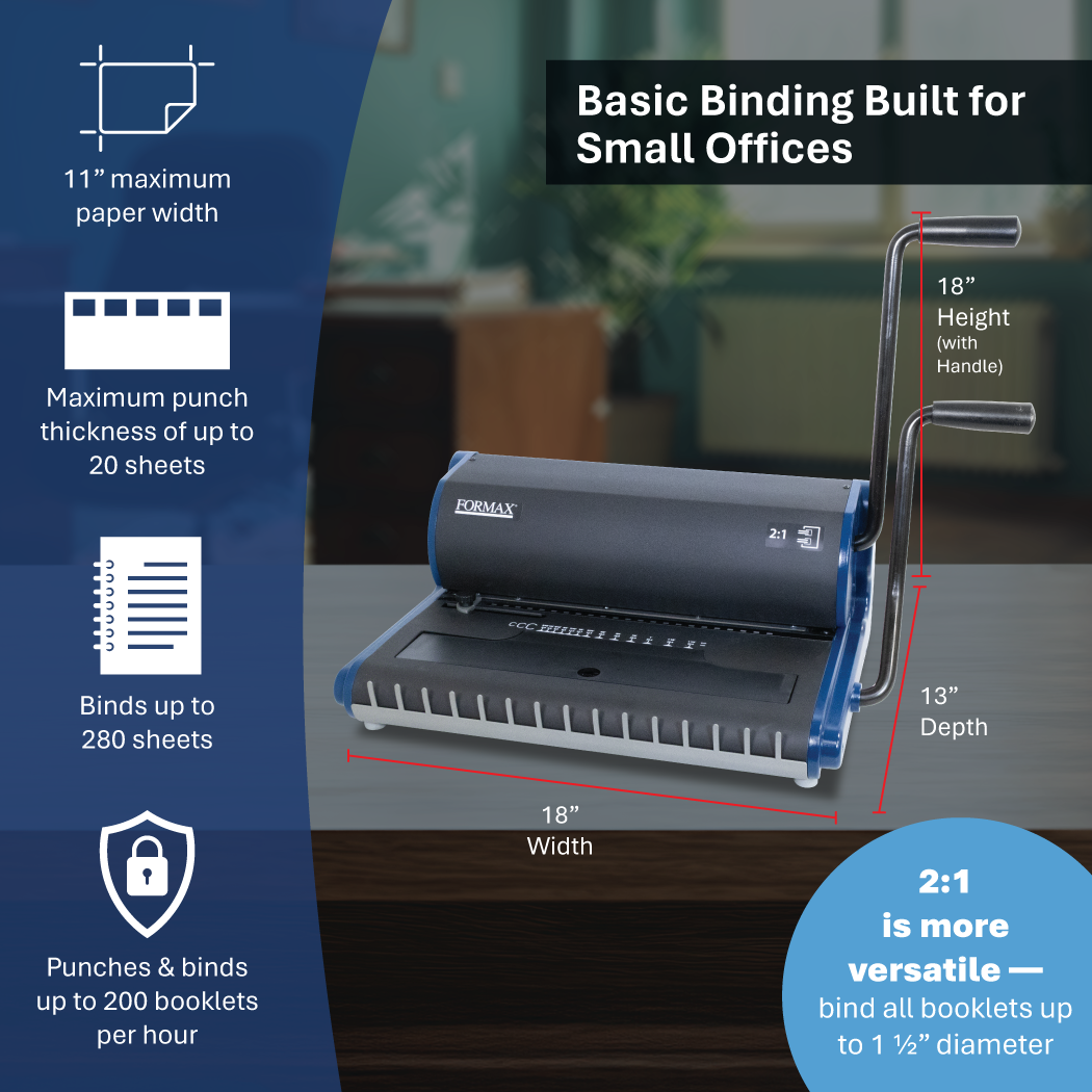 Formax ReadyWire2B specs, 11 inch paper width, 20 sheet punch, 280 sheet books, 18 x 13 x 18 inches