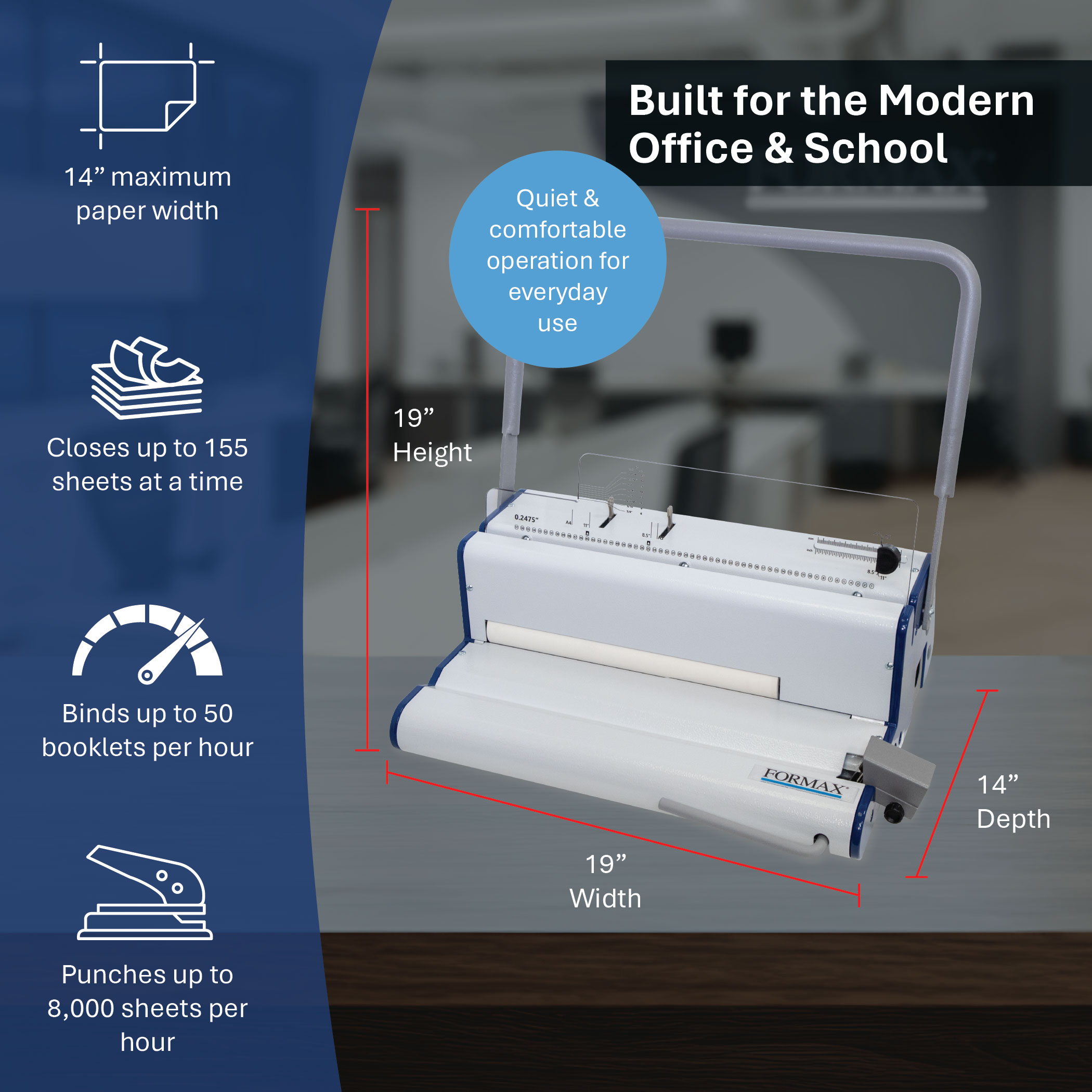 Formax ReadyCoilM specs, 155 sheet books, 50 booklets per hour, 19 x 14 x 19 inches