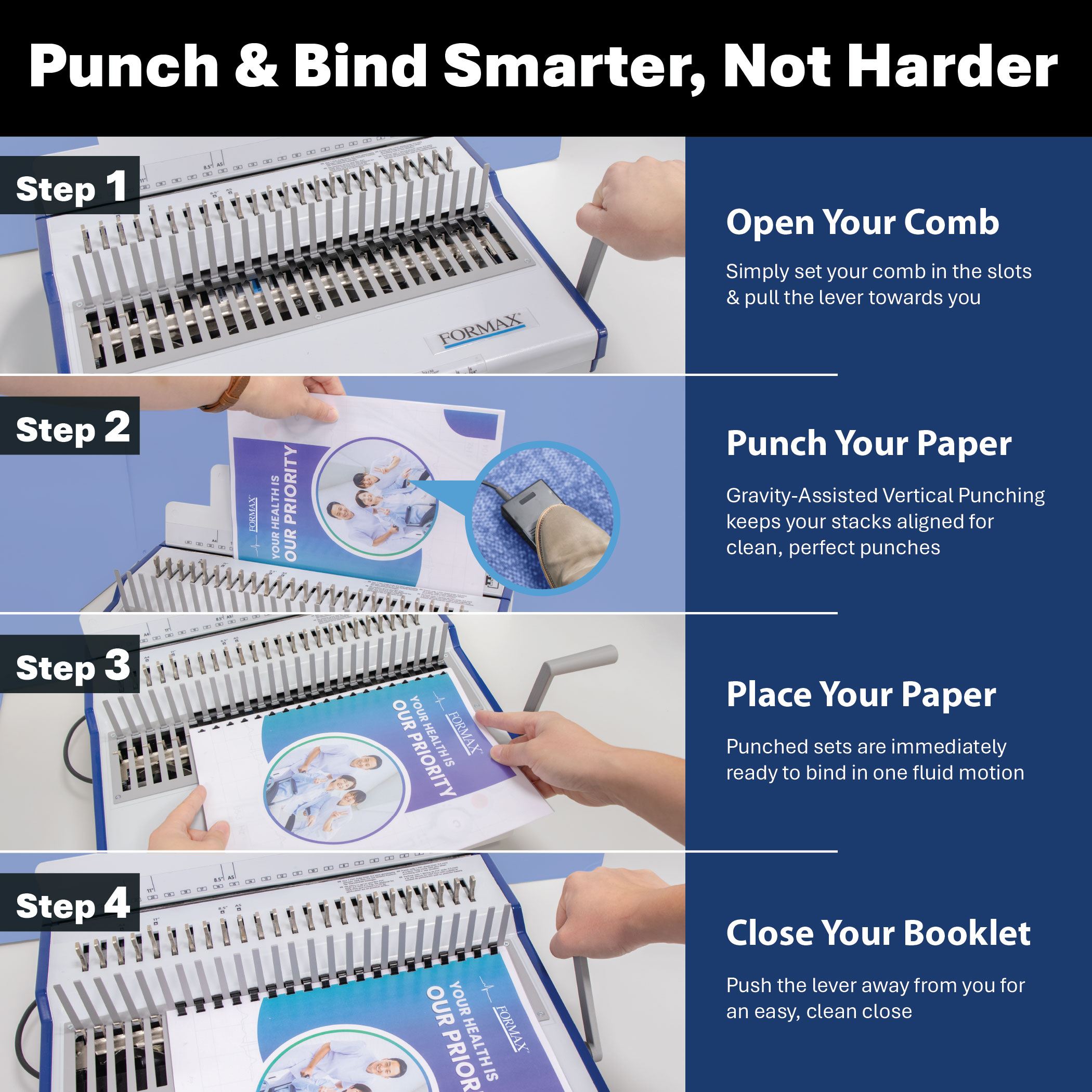 Formax ReadyCombE four steps, open comb, punch with foot pedal, place paper, close booklet