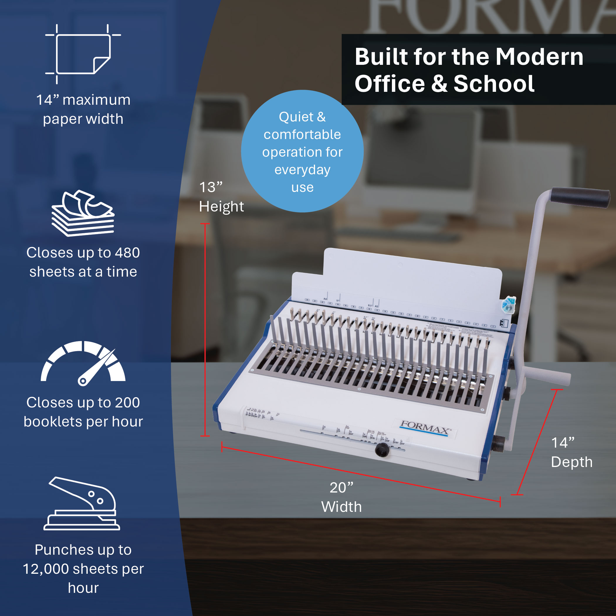 Formax ReadyCombM+ specs, 480 sheet books, 12,000 sheets per hour punching, 20 x 14 x 13 inches