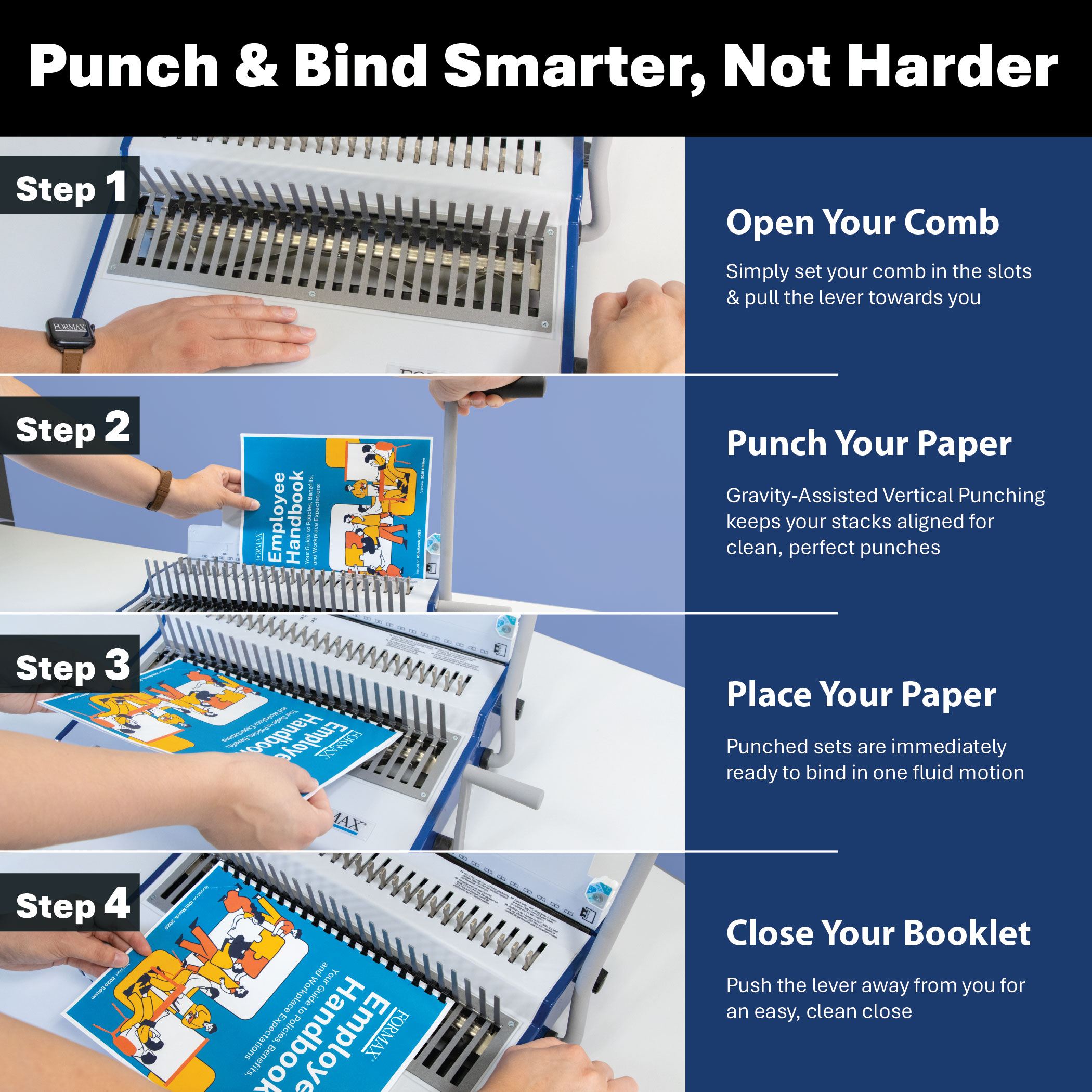 Formax ReadyCombM+ four steps, open comb, punch, place paper, close booklet