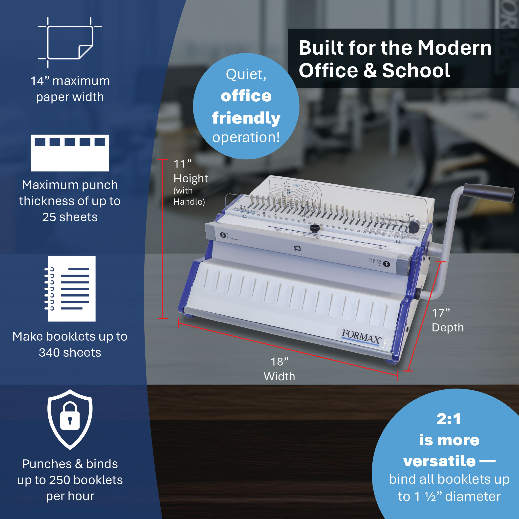 Formax ReadyWire2E specs, 14 inch paper width, 340 sheet books, 250 booklets per hour, 18 x 17 x 11 inches